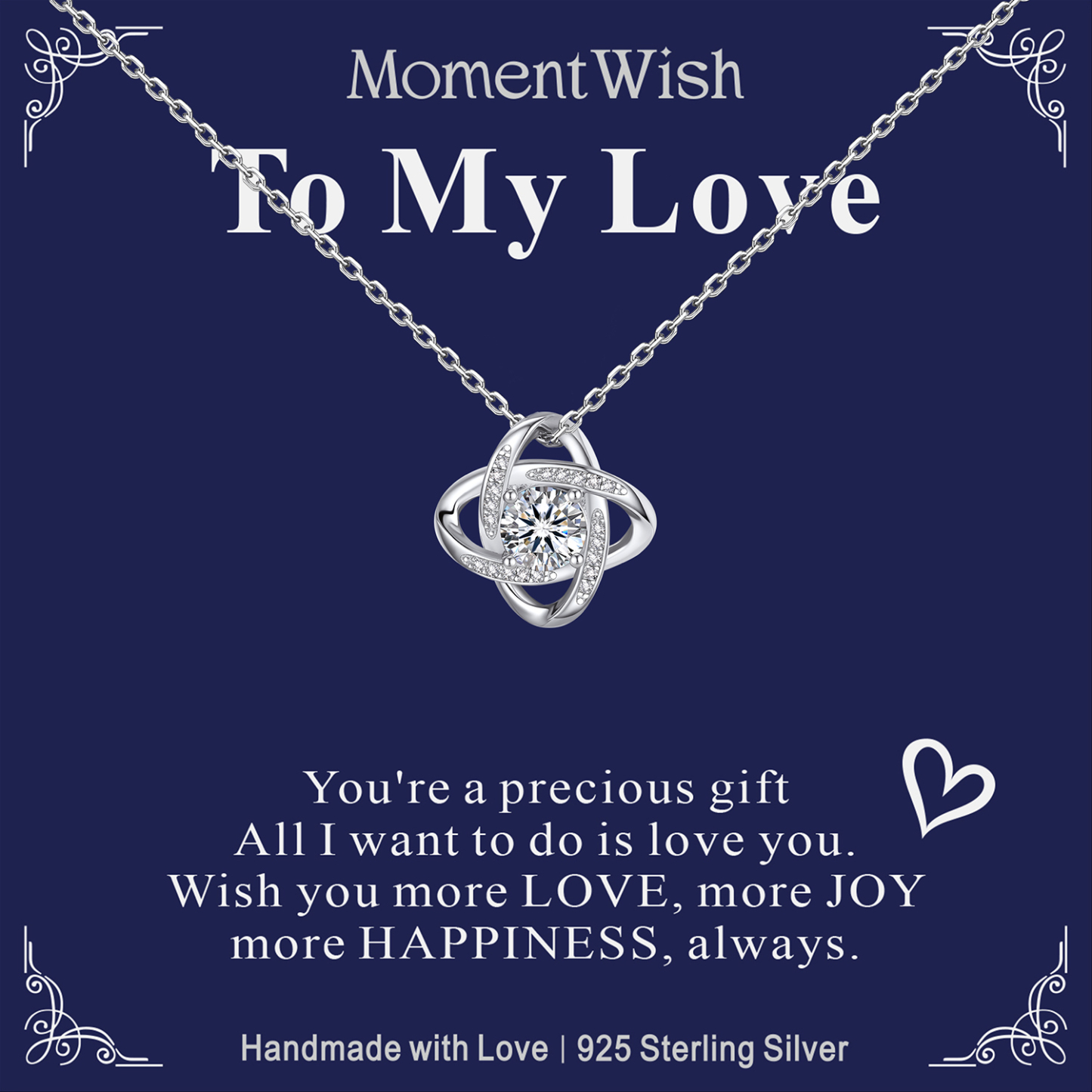 MomentWish Love Knot Necklace, Engagement Wedding Gifts for the Bride, 1Carat Moissanite Diamond Necklaces for Women