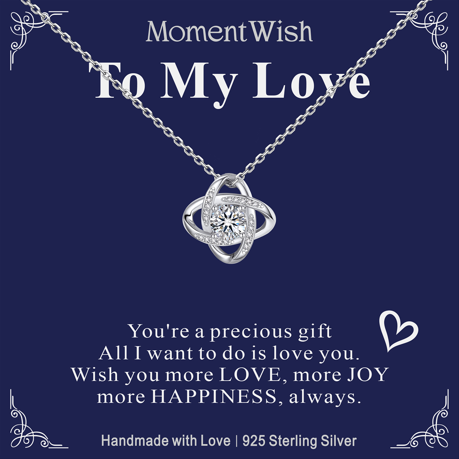 MomentWish Love Knot Necklace, Engagement Wedding Gifts for the Bride, 1Carat Moissanite Diamond Necklaces for Women