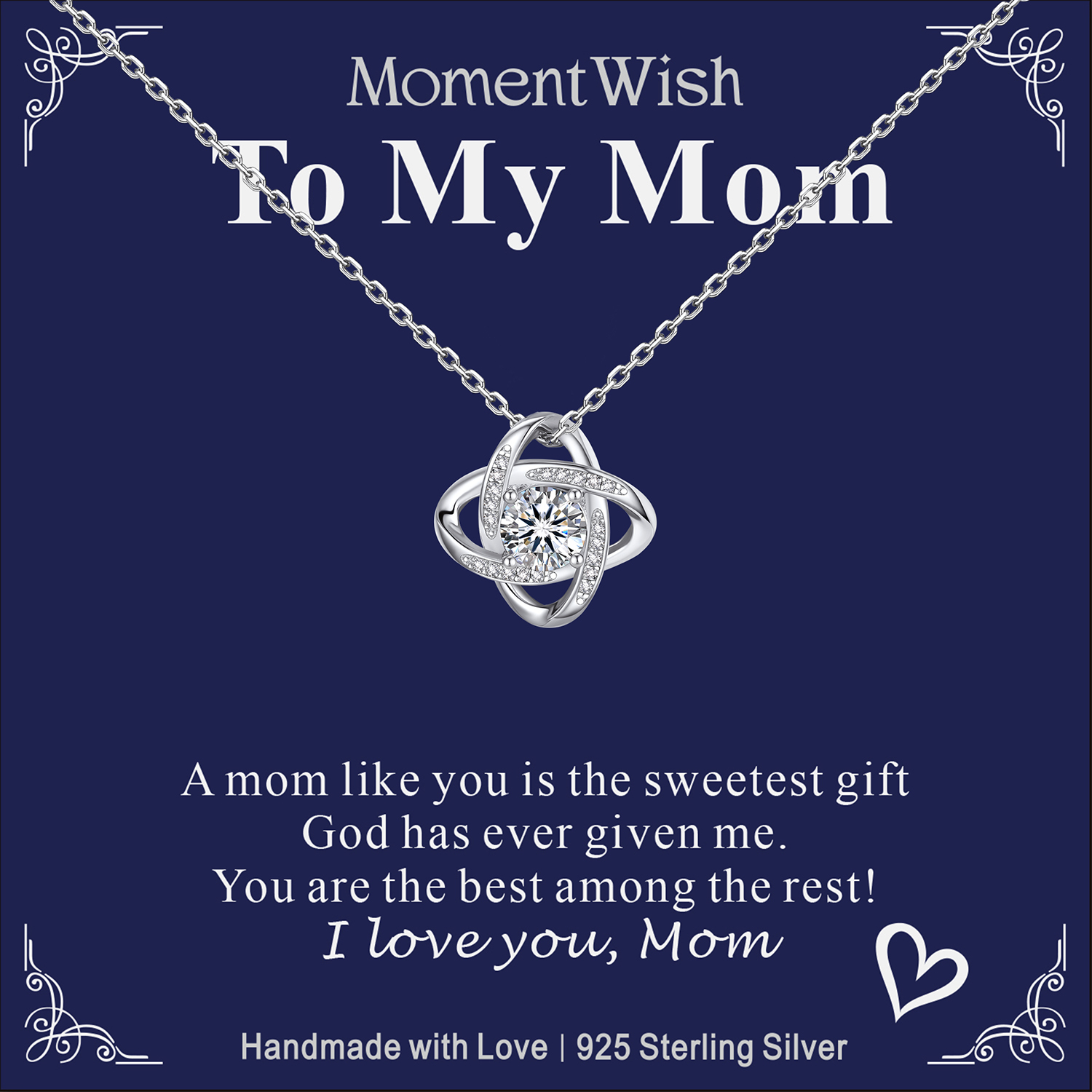 MomentWish Love Knot Necklace, Engagement Wedding Gifts for the Bride, 1Carat Moissanite Diamond Necklaces for Women