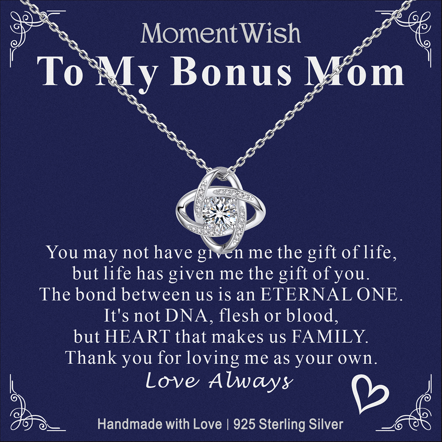 MomentWish Love Knot Necklace, Engagement Wedding Gifts for the Bride, 1Carat Moissanite Diamond Necklaces for Women