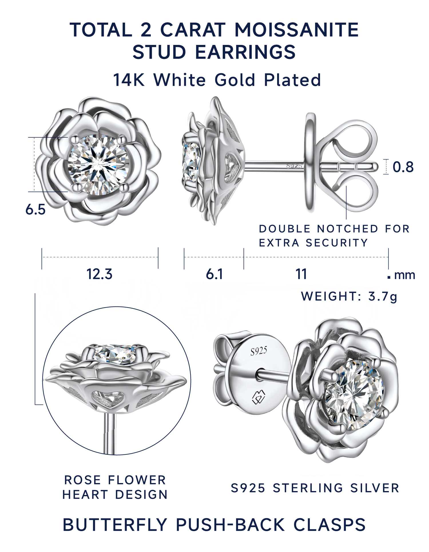 MomentWish Moissanite Earrings 925 Sterling Silver Solitaire Diamond Stud Earrings for Women