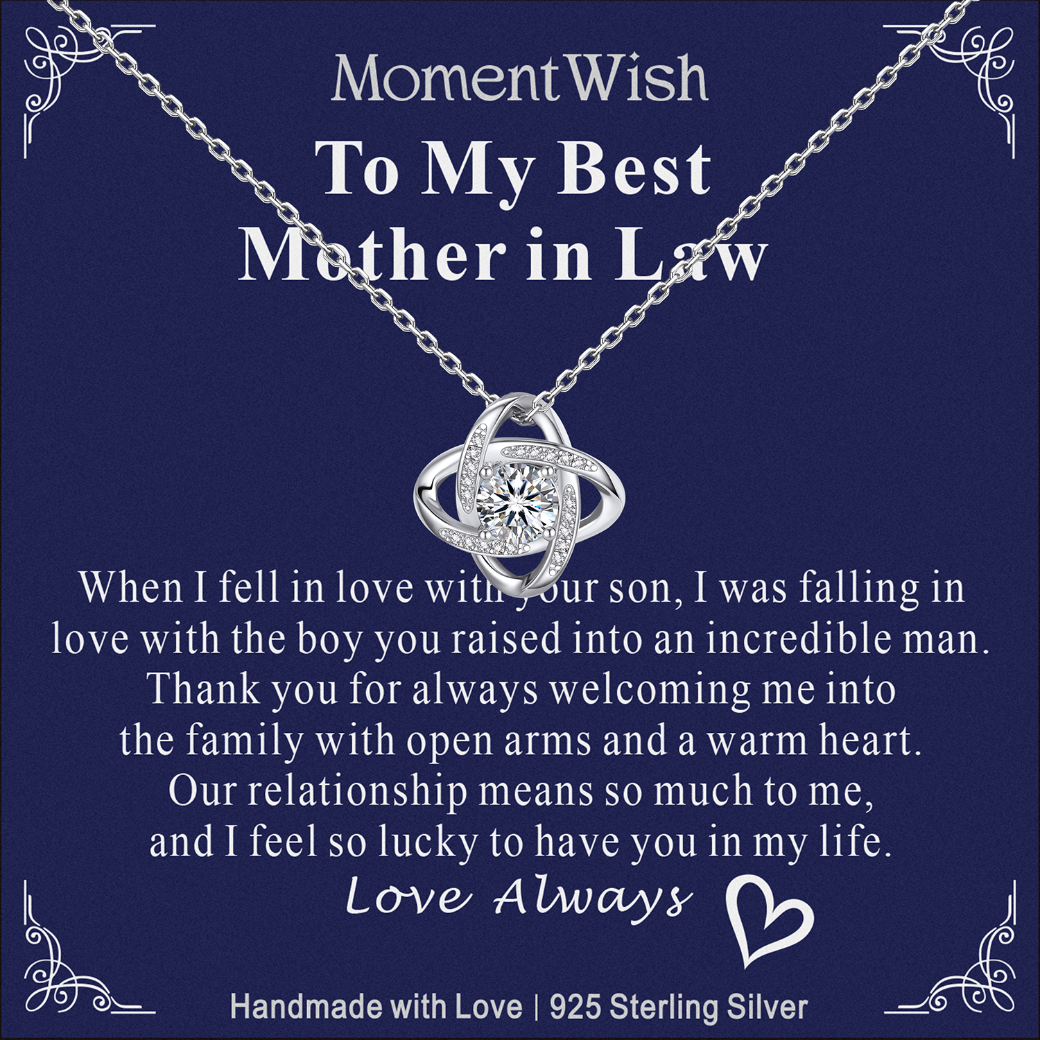 MomentWish Love Knot Necklace, Engagement Wedding Gifts for the Bride, 1Carat Moissanite Diamond Necklaces for Women