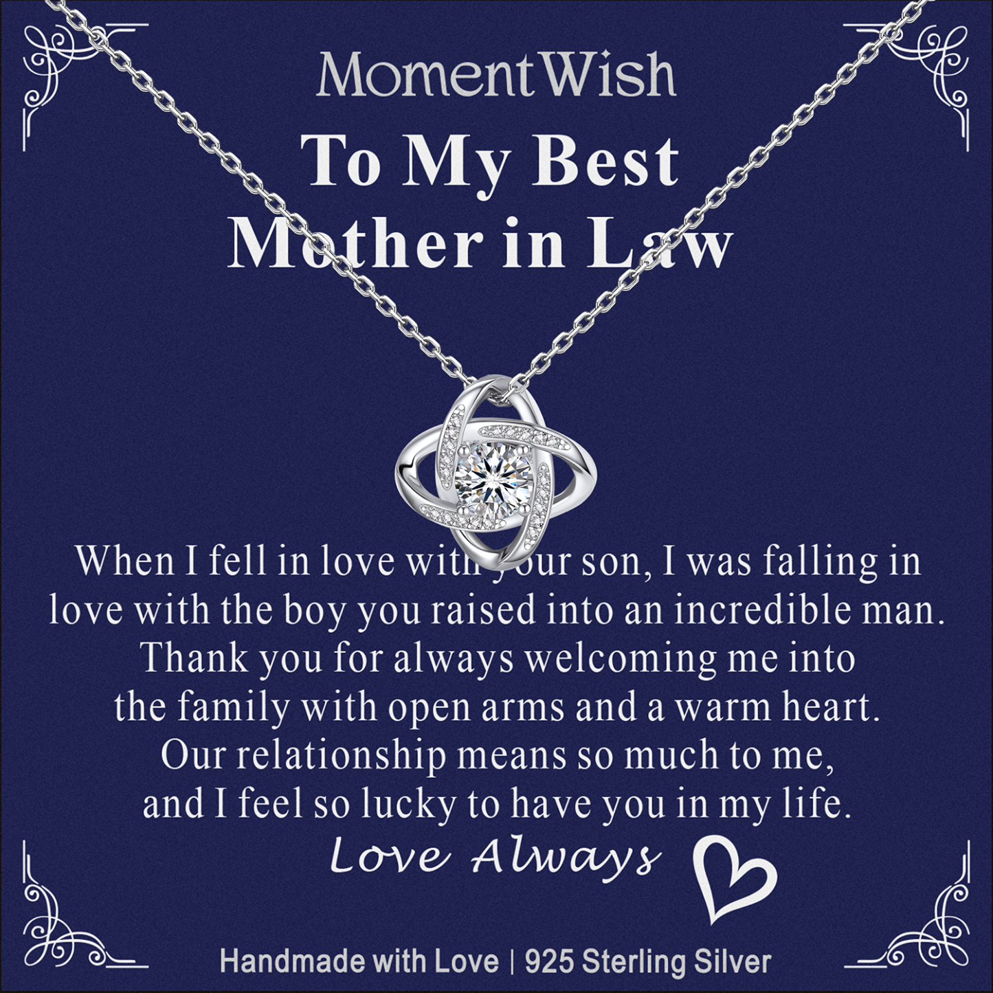 MomentWish Love Knot Necklace, Engagement Wedding Gifts for the Bride, 1Carat Moissanite Diamond Necklaces for Women