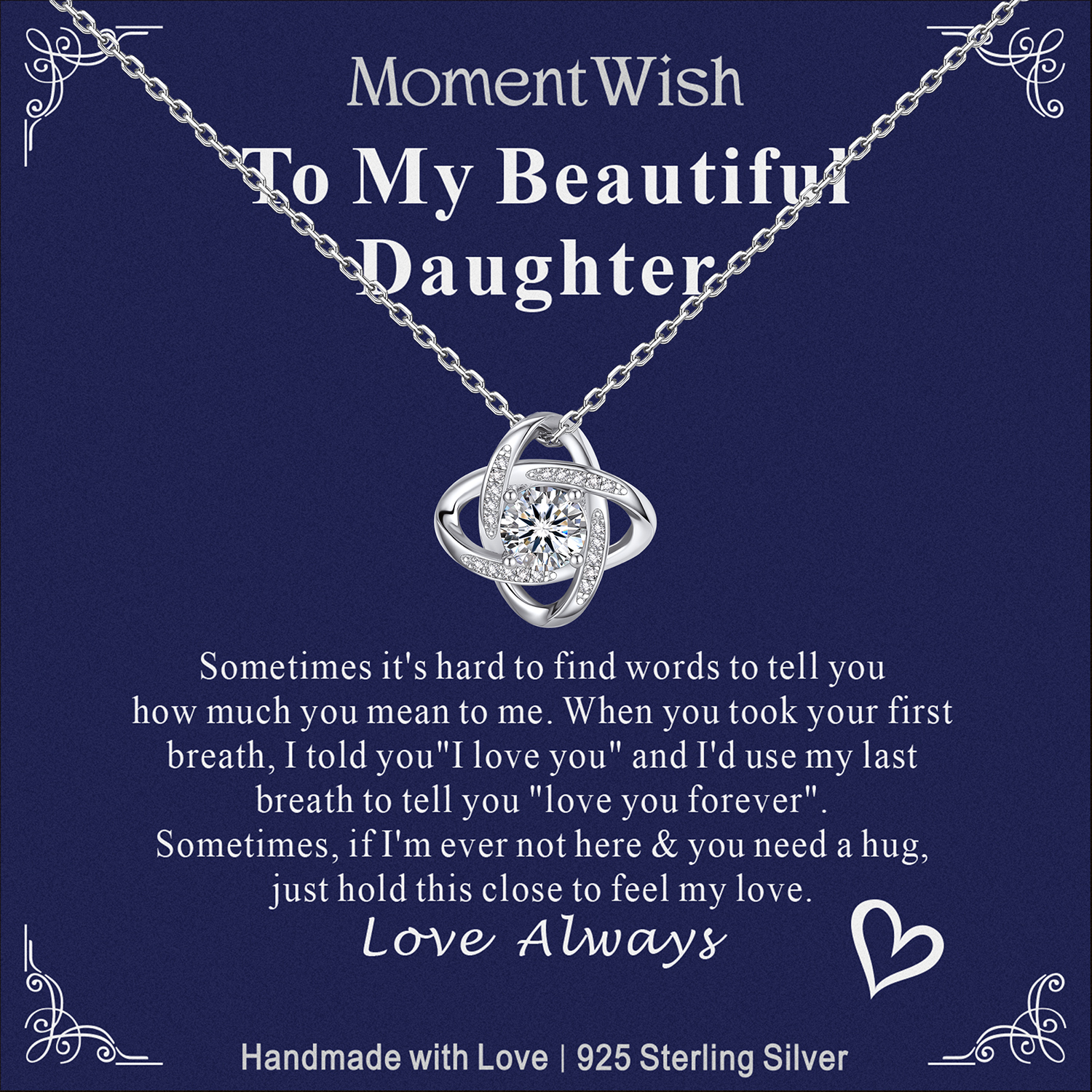 MomentWish Love Knot Necklace, Engagement Wedding Gifts for the Bride, 1Carat Moissanite Diamond Necklaces for Women