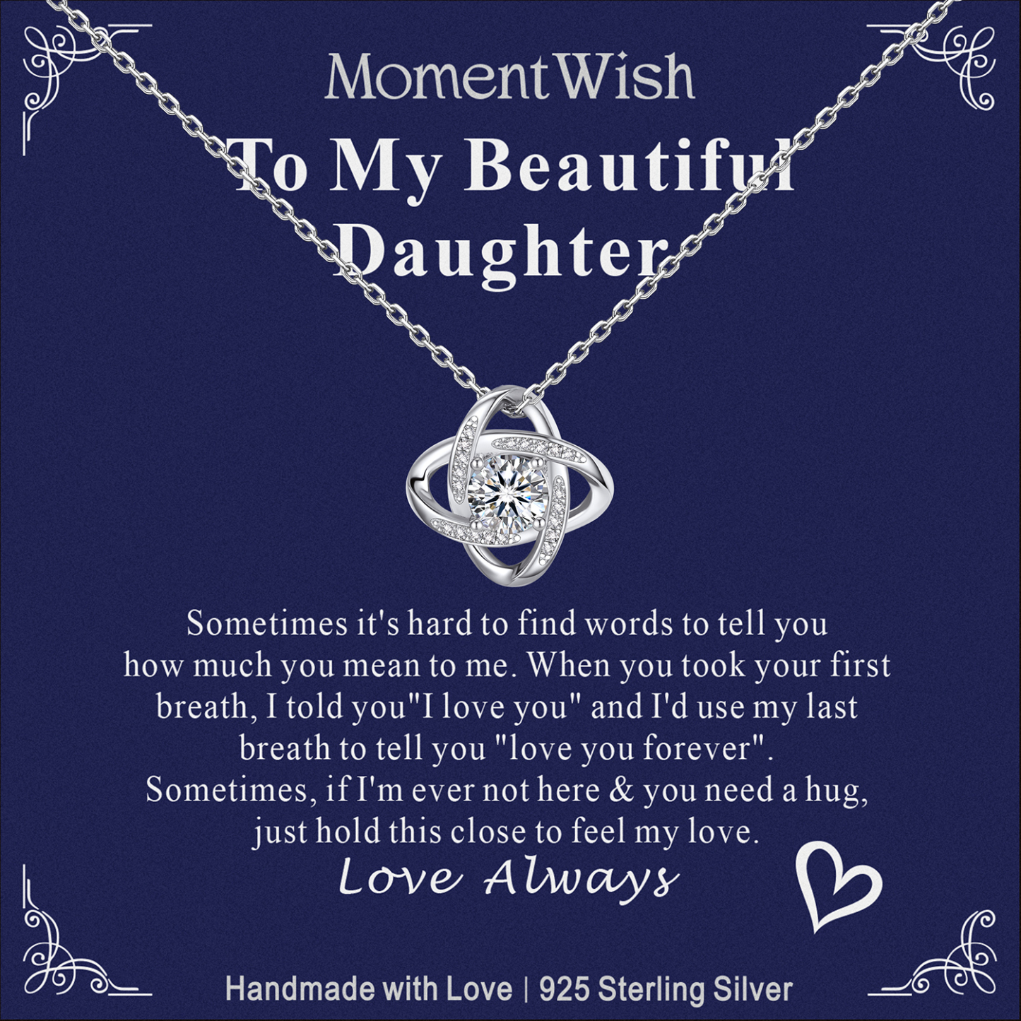 MomentWish Love Knot Necklace, Engagement Wedding Gifts for the Bride, 1Carat Moissanite Diamond Necklaces for Women
