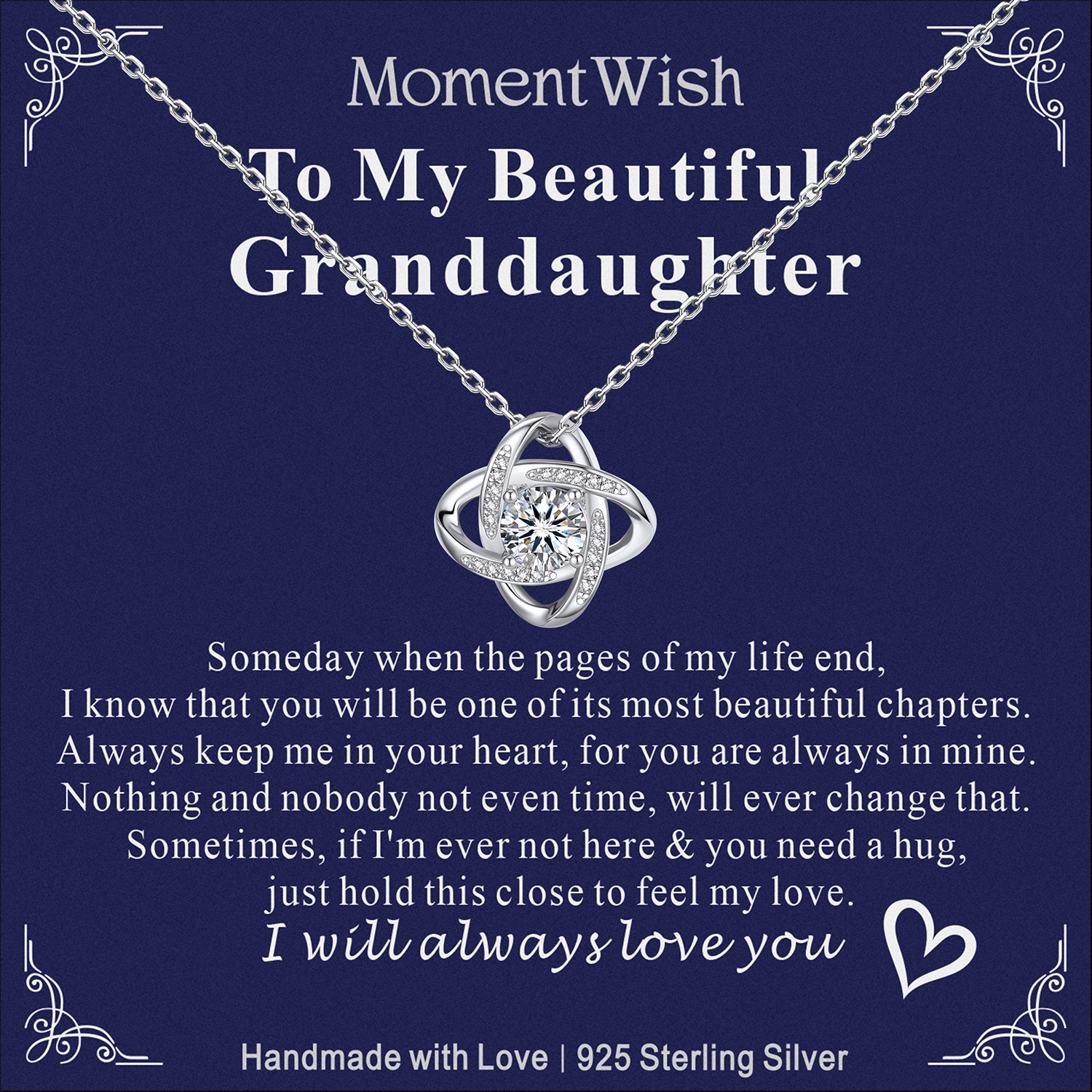 MomentWish Love Knot Necklace, Engagement Wedding Gifts for the Bride, 1Carat Moissanite Diamond Necklaces for Women