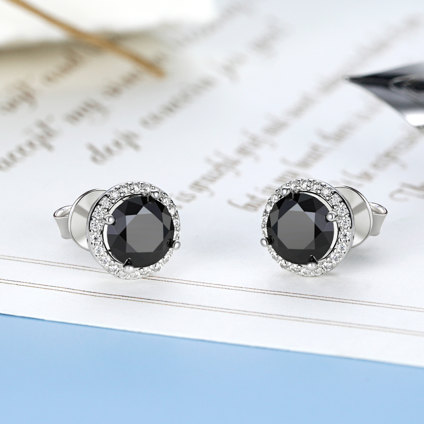 Black Halo Stud Earrings MomentWish 2Carat Moissanite Stud Earring, D Color VVS1 Simulated Black Diamond 925 Sterling Silver Halo Earrings