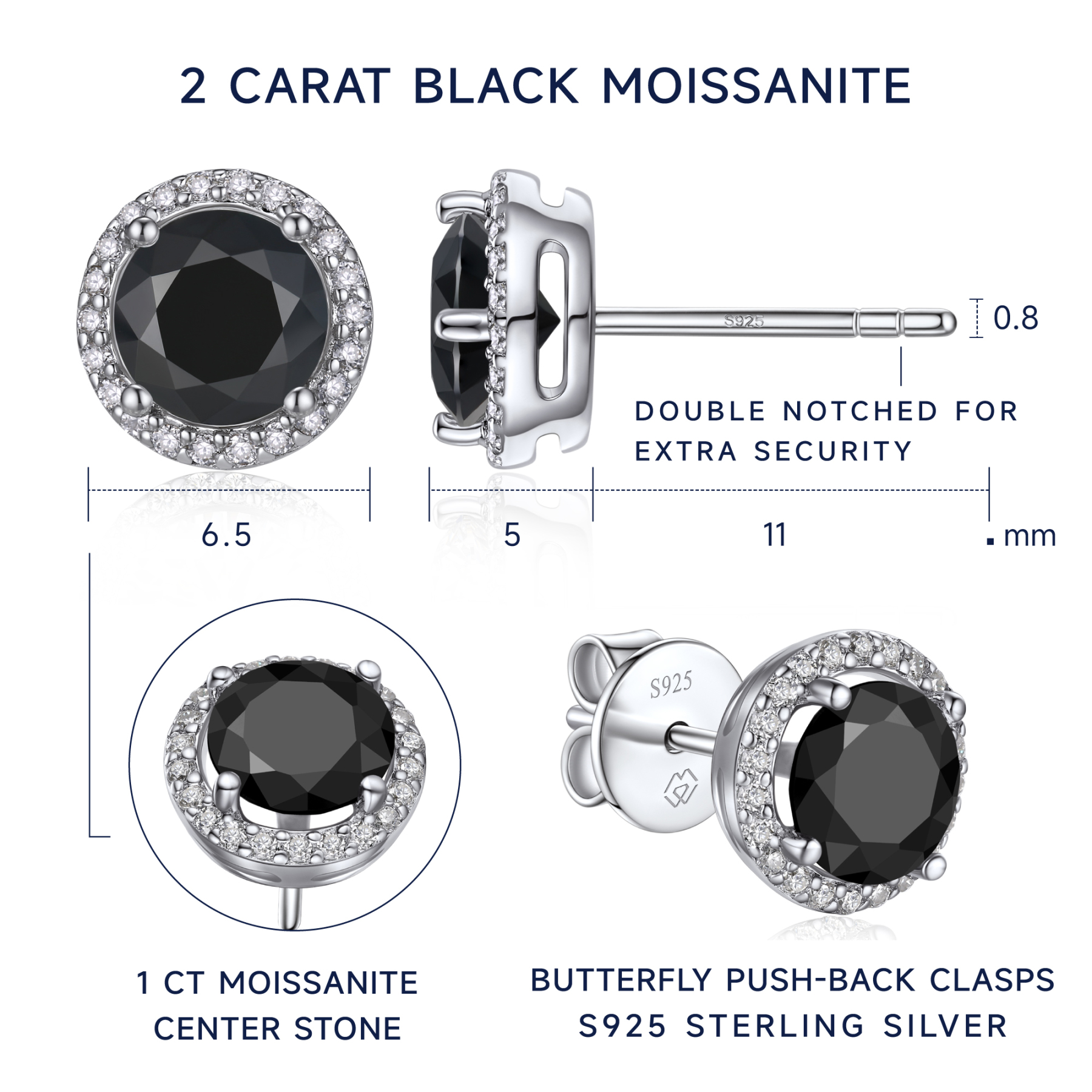 Black Halo Stud Earrings MomentWish 2Carat Moissanite Stud Earring, D Color VVS1 Simulated Black Diamond 925 Sterling Silver Halo Earrings