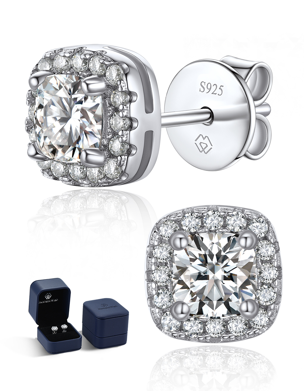 Cushion Cut Earrings, MomentWish 1.16Carat Moissanite Stud Earrings for Women, D Color VVS1 Simulated Diamond 925 Sterling Silver Halo Earrings