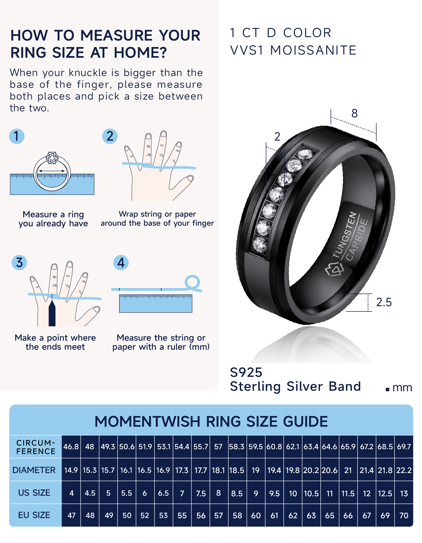 MomentWish 8mm Tungsten Rings for Men, Moissanite Engagement Ring for Him, Silver Tungsten Eternity Band-Size9