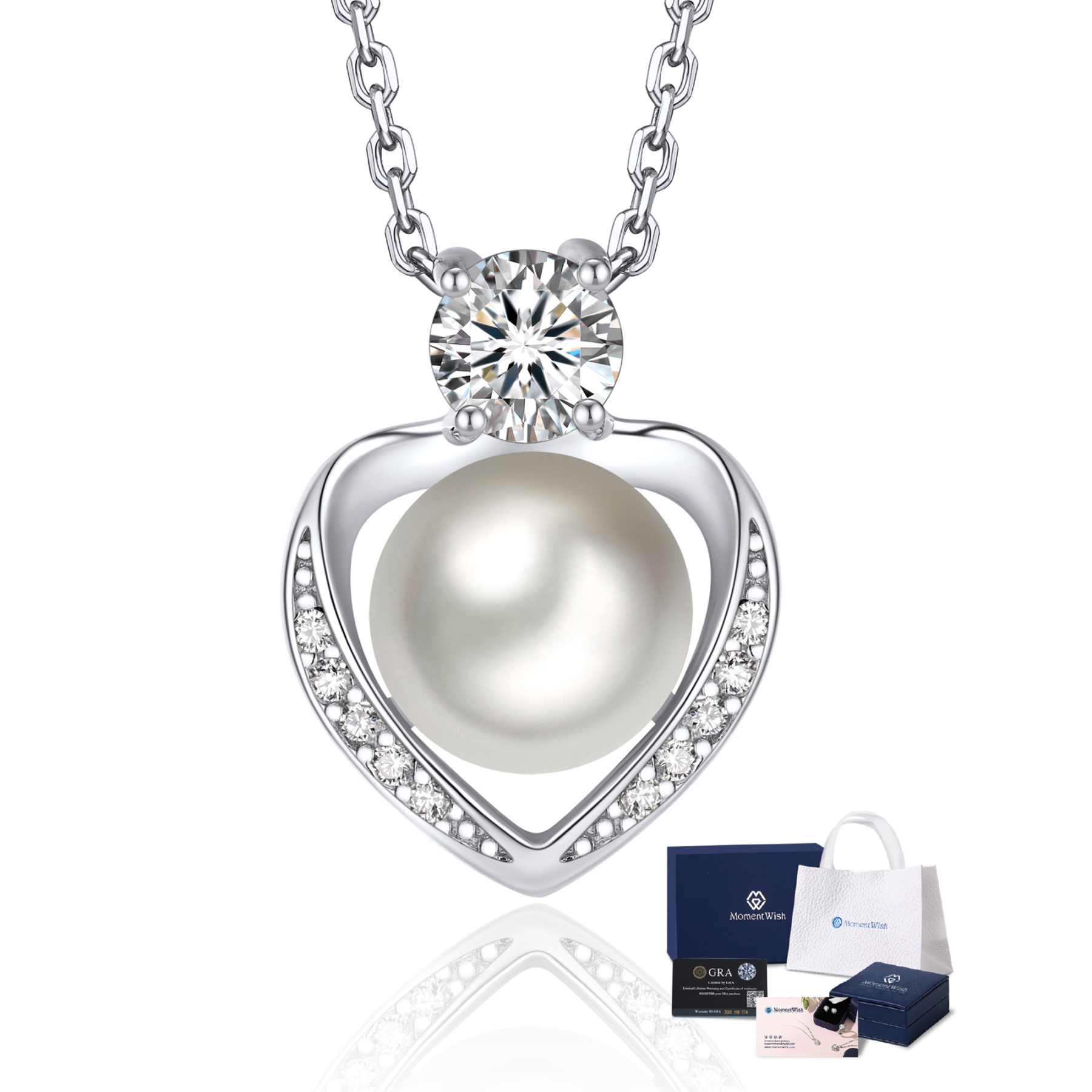 MomentWish Pearl Pendant Necklace for Women,Round Cut Diamond Necklace,925 Sterling Silver Heart Necklace Anniversary Wedding Gift for Her