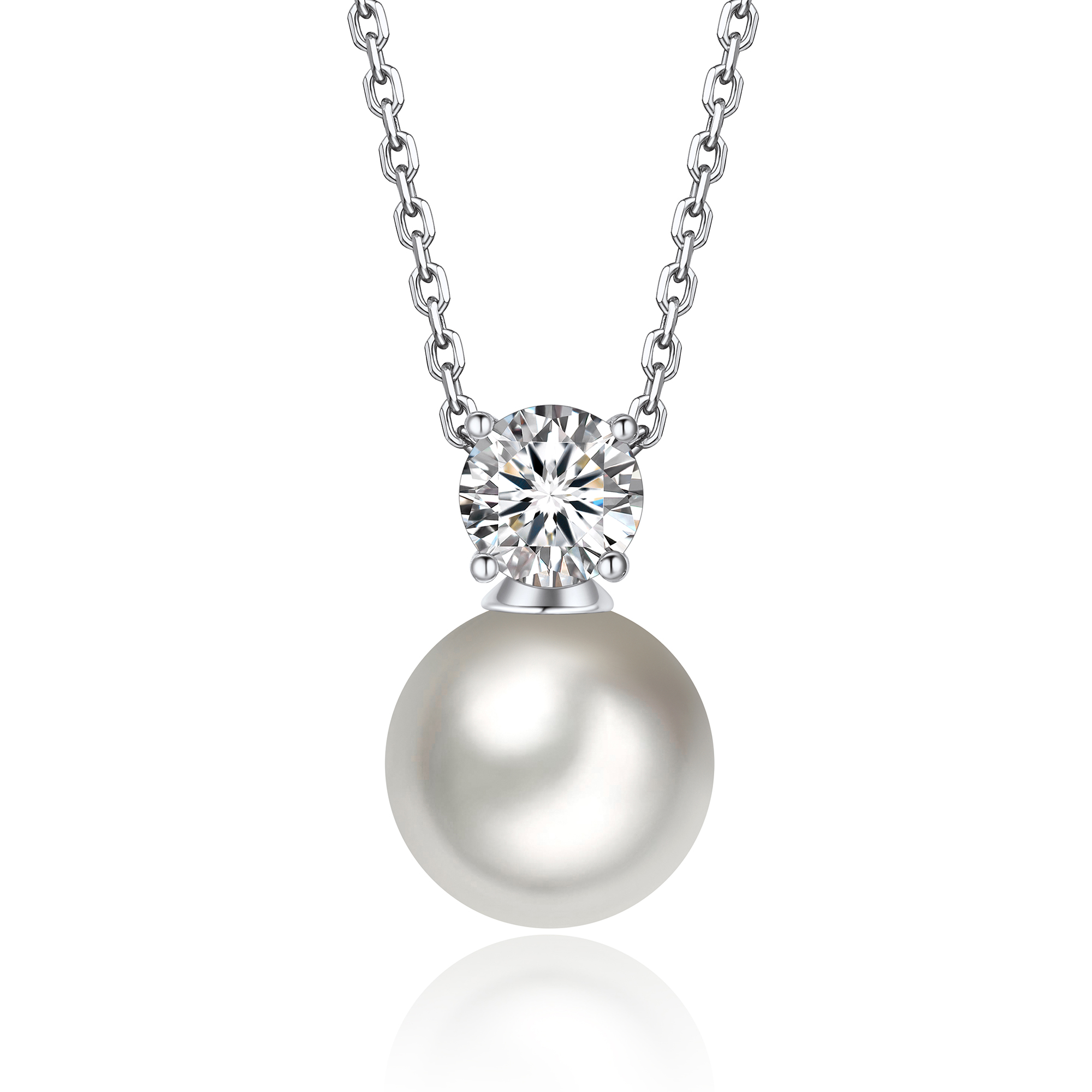 MomentWish 14k White Gold Plated Silver Pearl Pendant Necklace for Women Crystal Pearl 12mm，1 Carat D Color VVS1 Moissanite Diamond Necklace