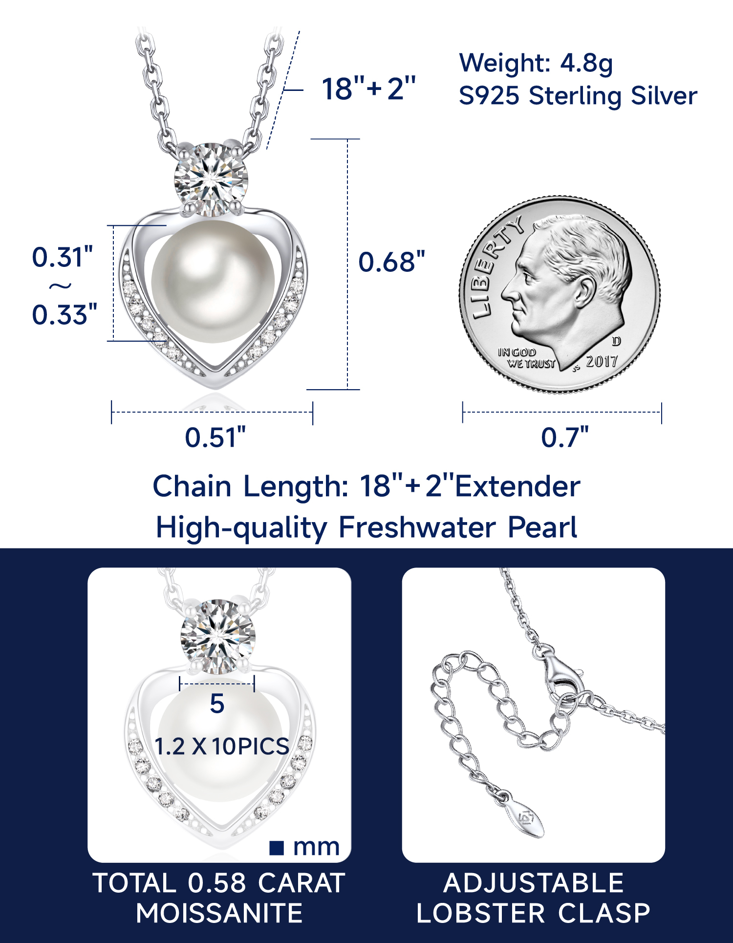 MomentWish Pearl Pendant Necklace for Women,Round Cut Diamond Necklace,925 Sterling Silver Heart Necklace Anniversary Wedding Gift for Her