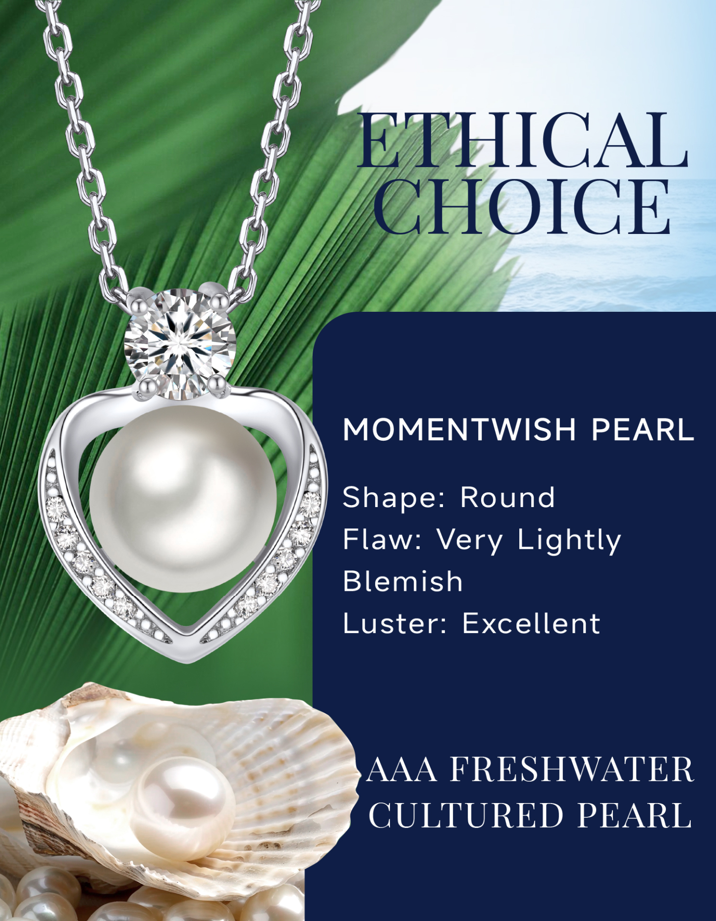 MomentWish Pearl Pendant Necklace for Women,Round Cut Diamond Necklace,925 Sterling Silver Heart Necklace Anniversary Wedding Gift for Her