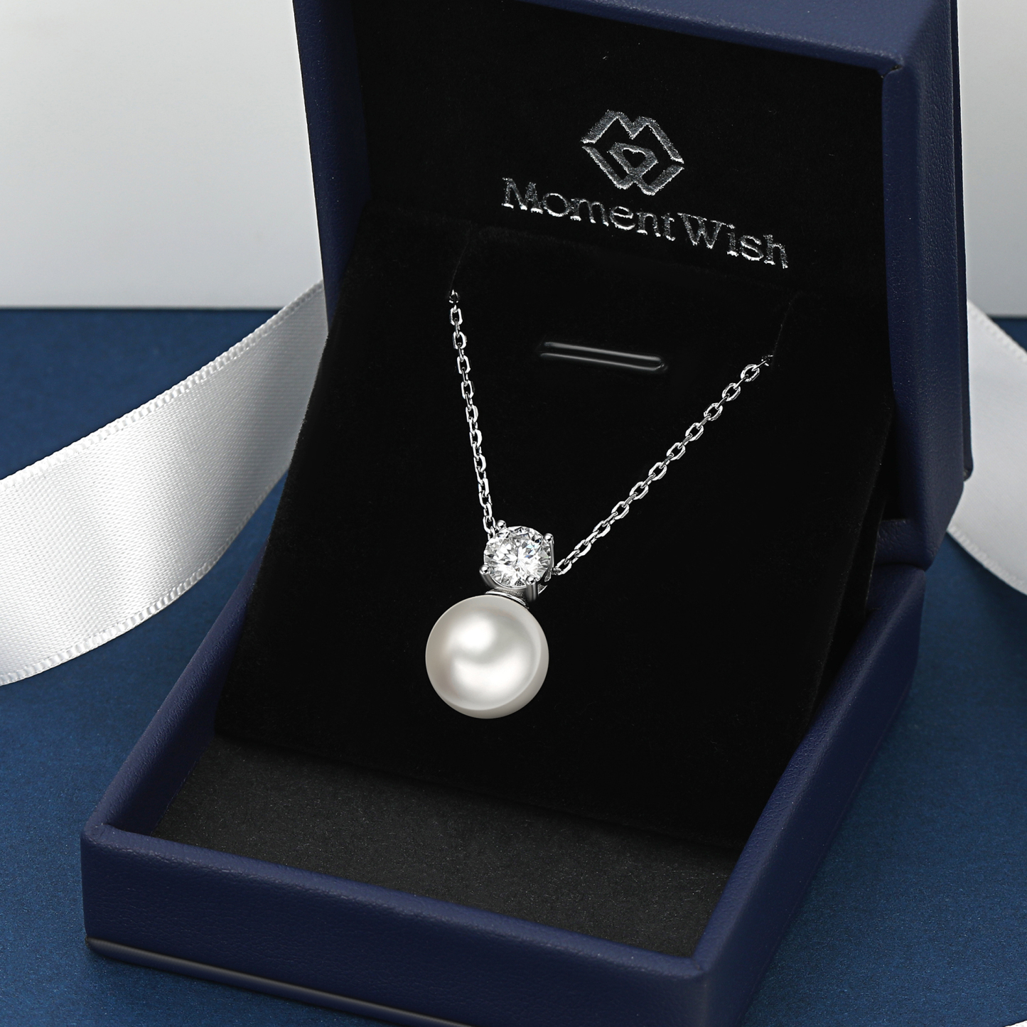 MomentWish 14k White Gold Plated Silver Pearl Pendant Necklace for Women Crystal Pearl 12mm，1 Carat D Color VVS1 Moissanite Diamond Necklace