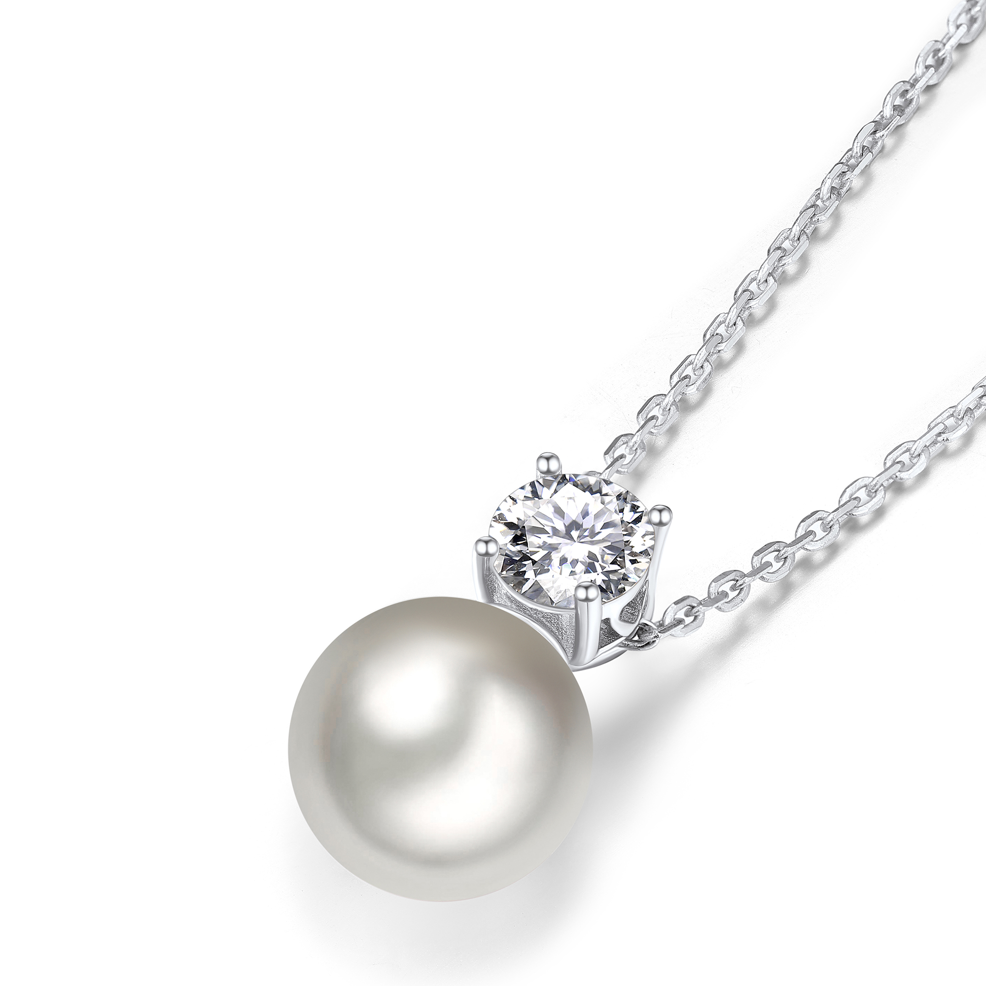 MomentWish 14k White Gold Plated Silver Pearl Pendant Necklace for Women Crystal Pearl 12mm，1 Carat D Color VVS1 Moissanite Diamond Necklace