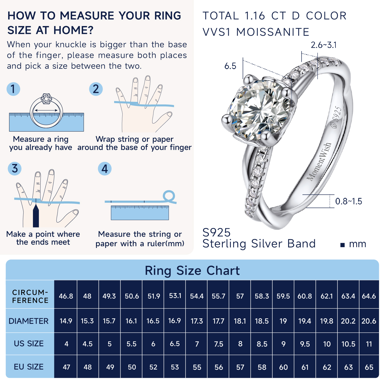 MomentWish Promise Ring for Women,1 Carat Moissanite Engagement Rings for Her S925 Sterling Silver, Simulated Diamond Twisted Vine Rings-Size 7