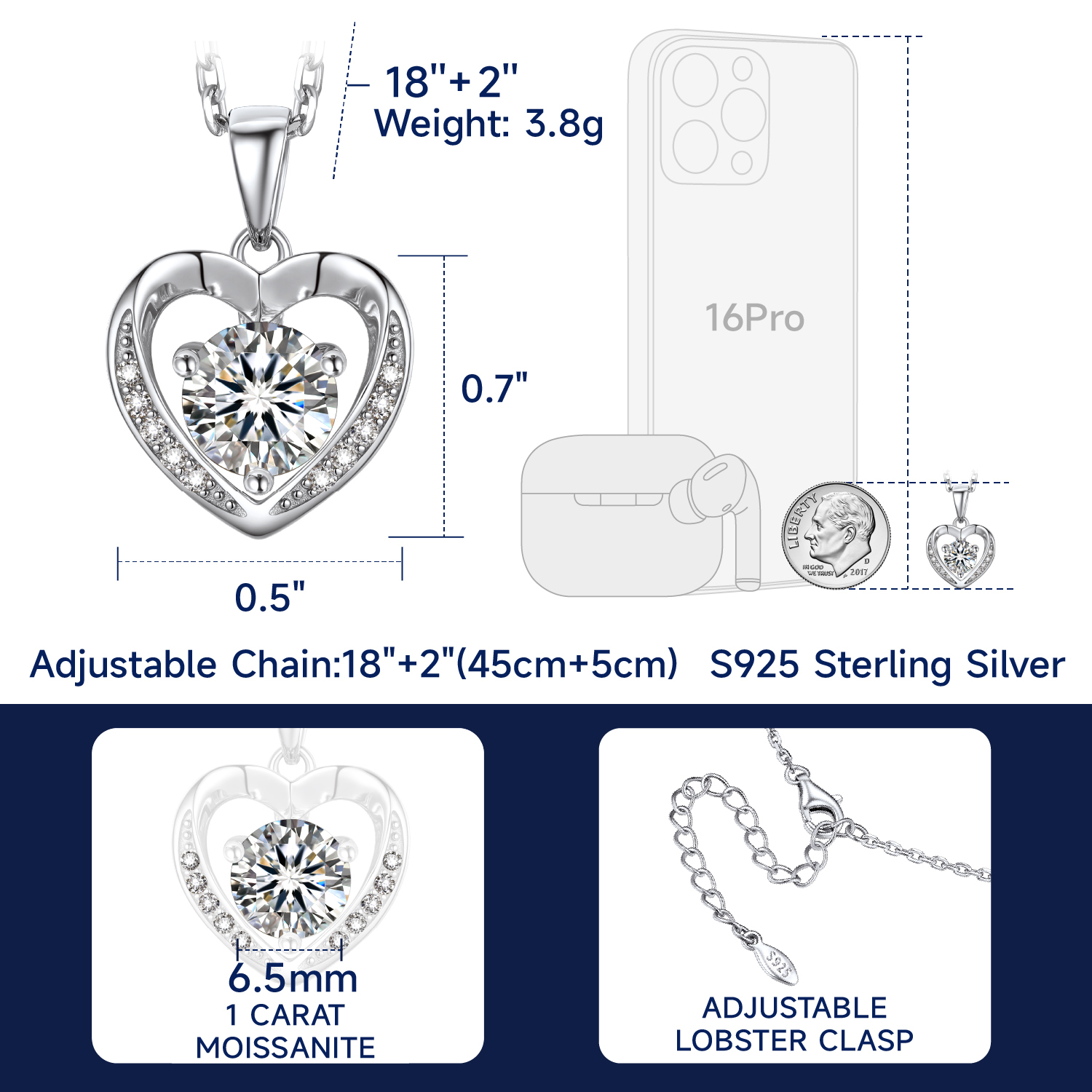 Momentwish 1 Carat Moissanite Heart Necklace for Women Simulated Diamond Sterling Silver Necklace Gifts for Her