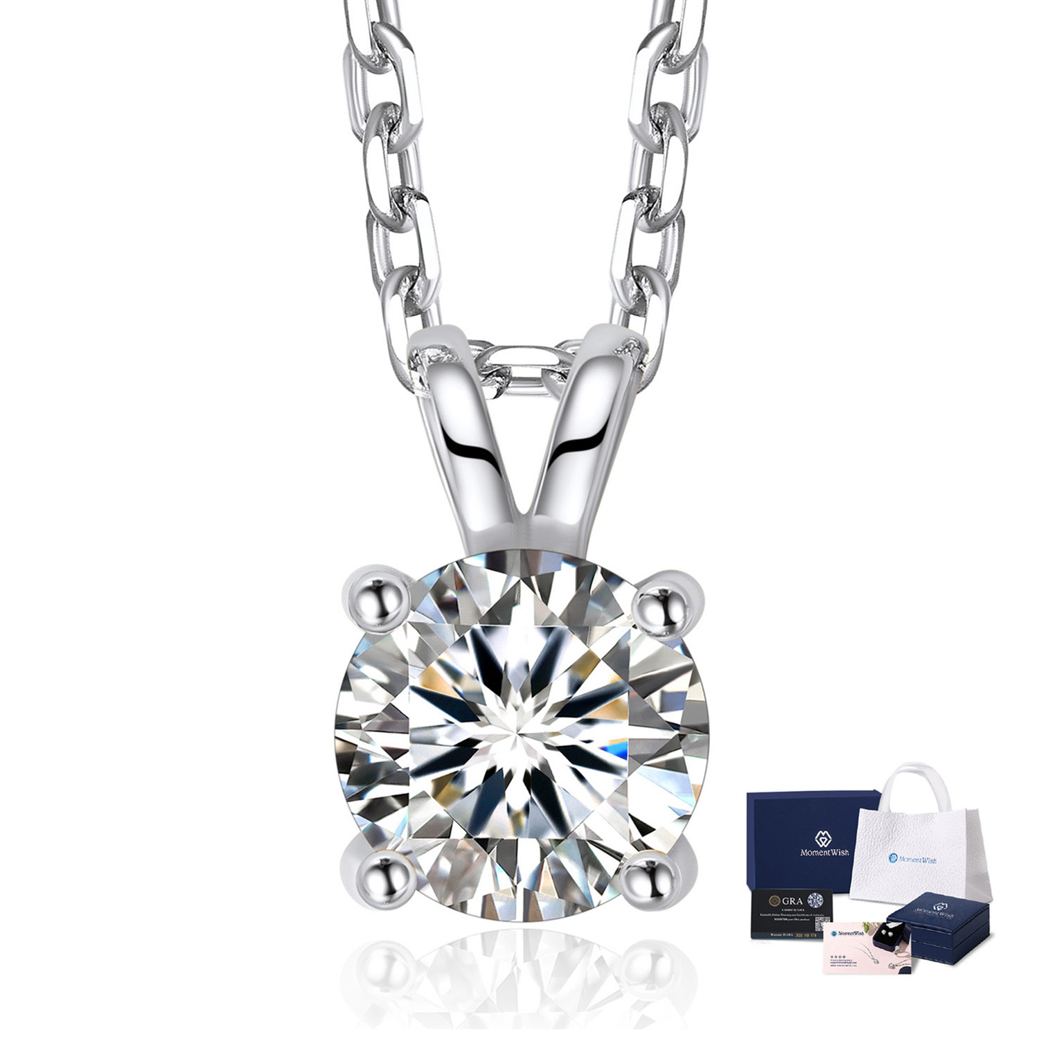 MomentWish 1 Carat Round Cut Moissanite Solitaire Pendant Necklace for  Women 925 Sterling Silver with 18K White Gold