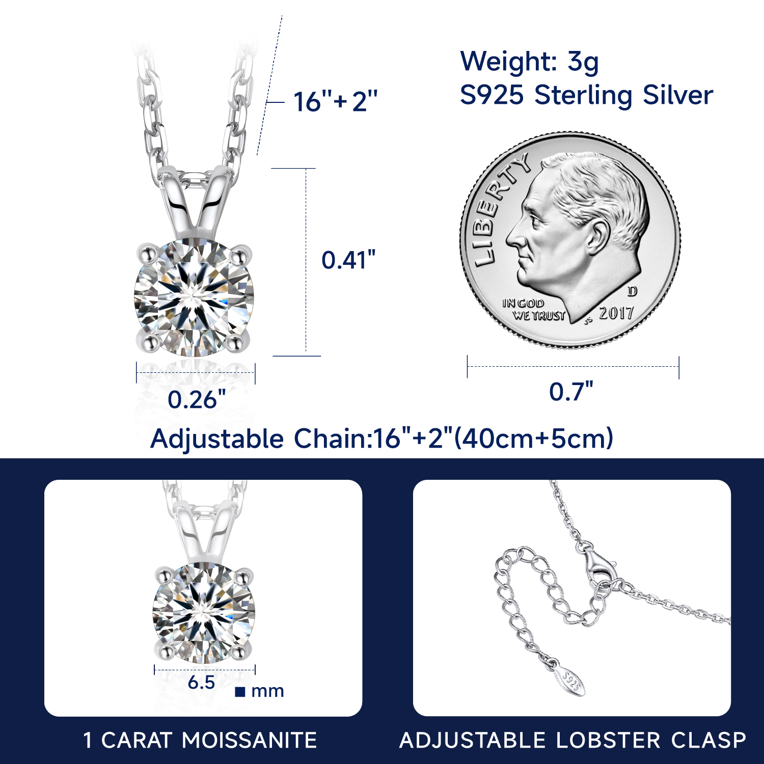 MomentWish 1 Carat Round Cut Moissanite Solitaire Pendant Necklace for  Women 925 Sterling Silver with 18K White Gold