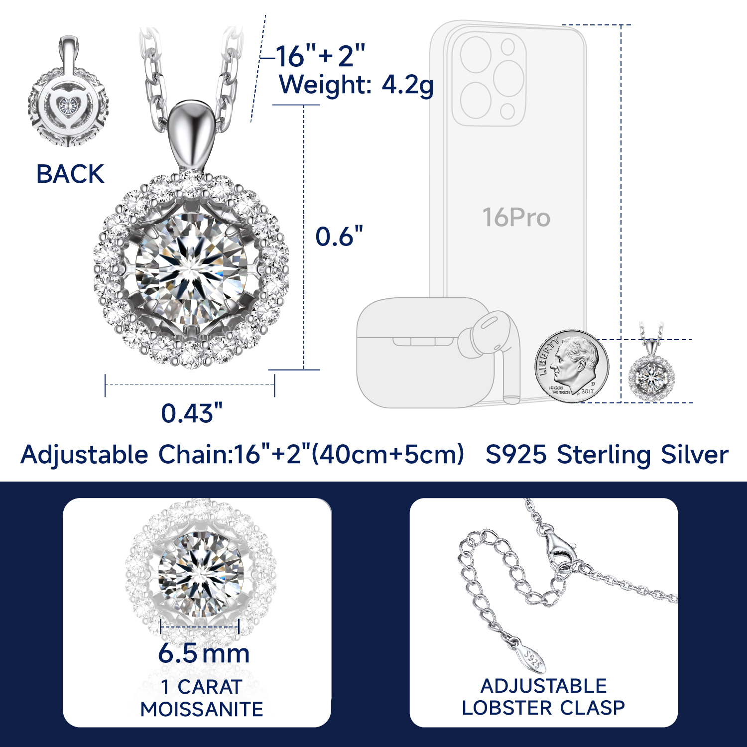 MomentWish 1 Carat Moissanite Halo Dancing Pendant Necklace for Women Simulated Diamond Sterling Silver Sparkling Gift for Her