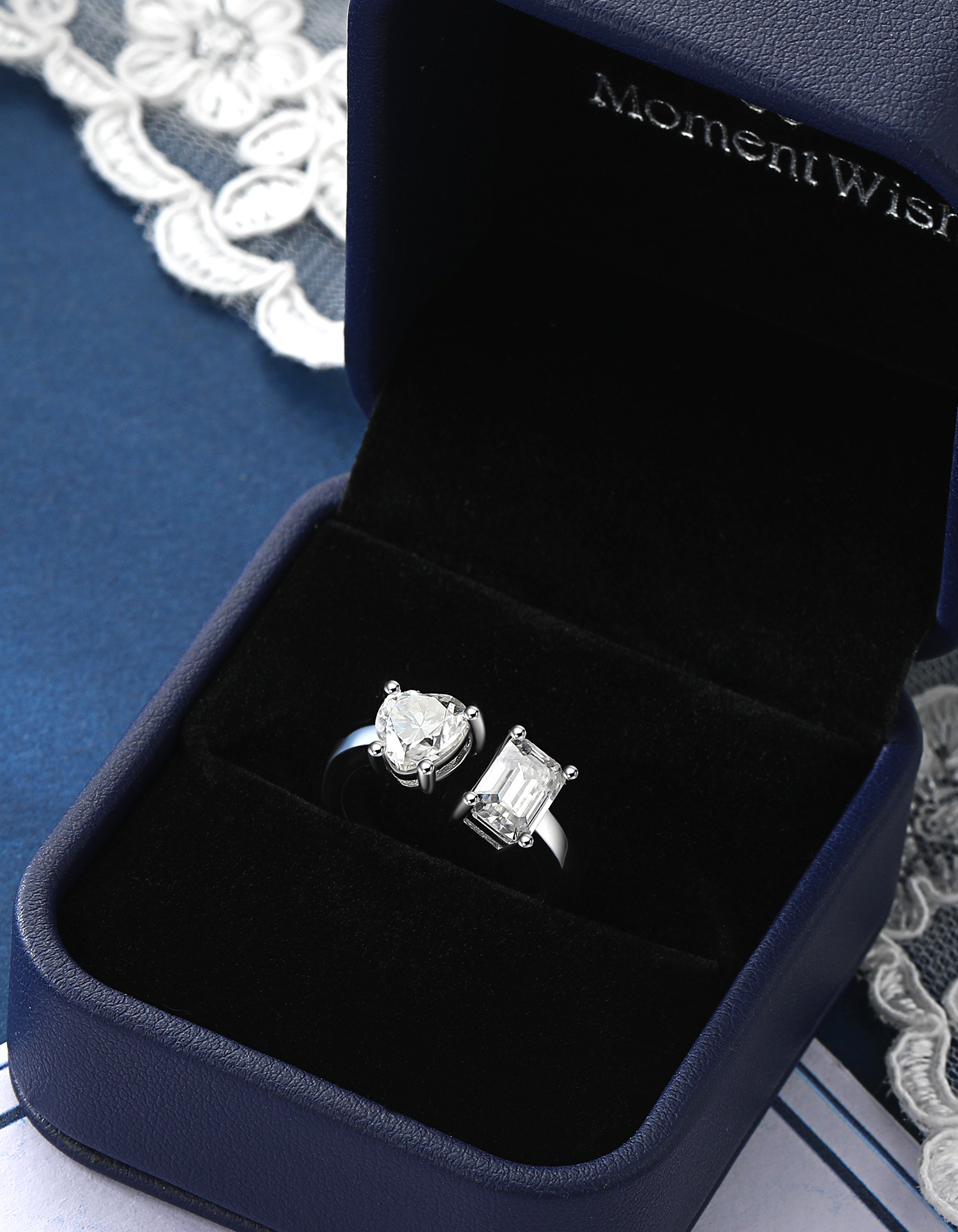 MomentWish Engagement Ring, 2Carat Heart and Emerald Cut Moissanite Promise Ring for Women, Adjustable 925 Sterling Silver Wedding Band