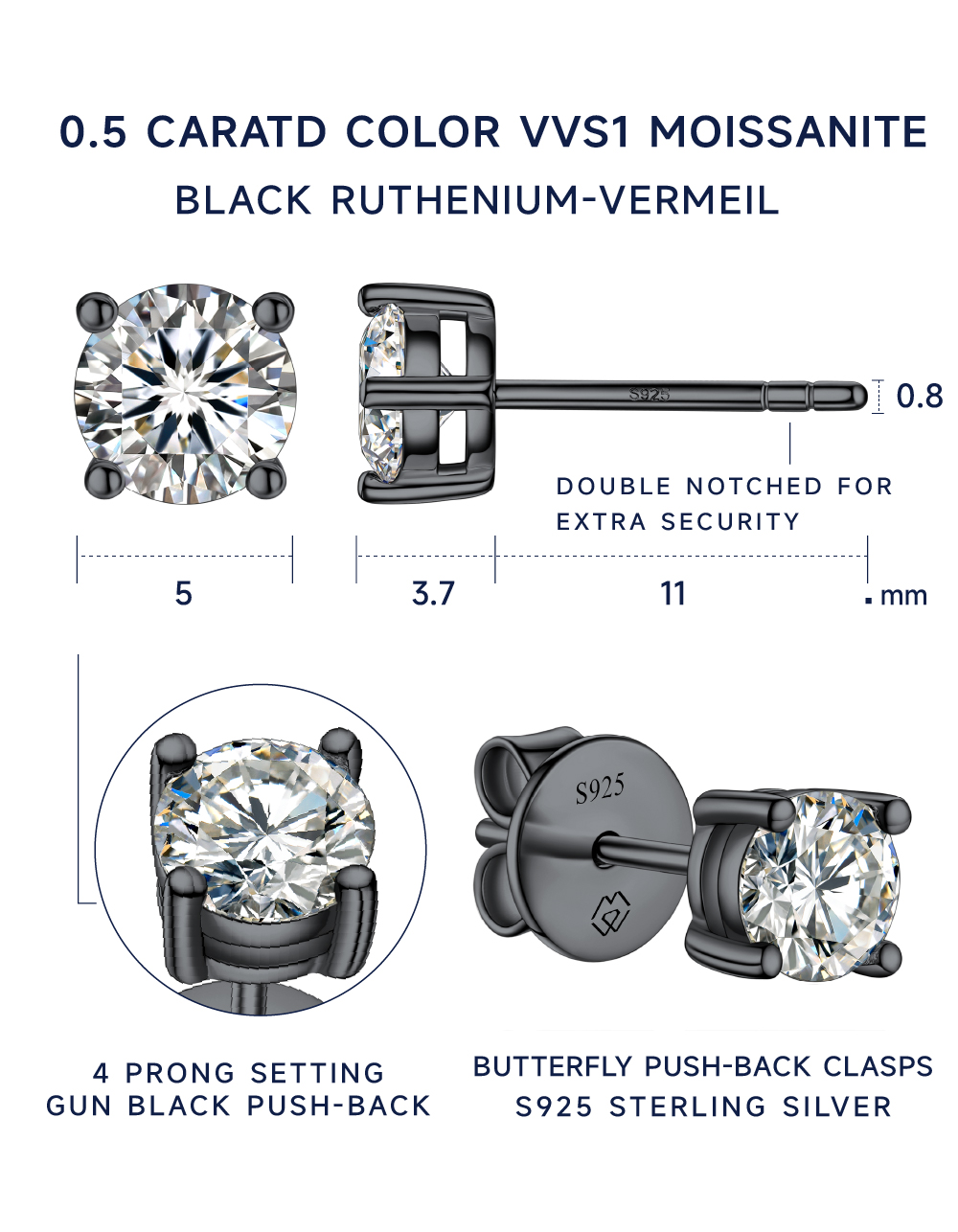 Sterling Silver Moissante Black Stud Earrings For Women Men