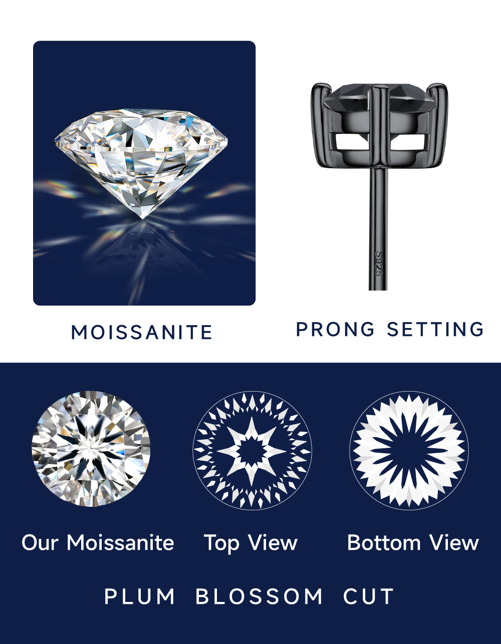 Sterling Silver Moissante Black Stud Earrings For Women Men