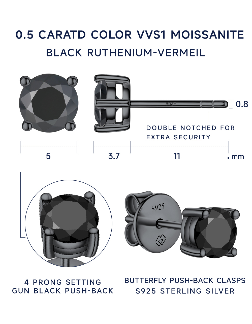 MomentWish Sterling Silver Black Moissanite Earrings Studs