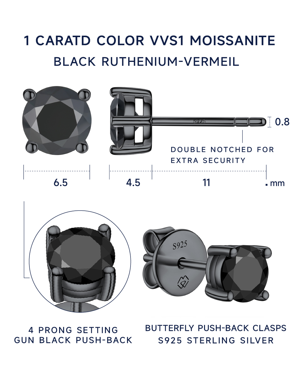 MomentWish Sterling Silver Black Moissanite Earrings Studs