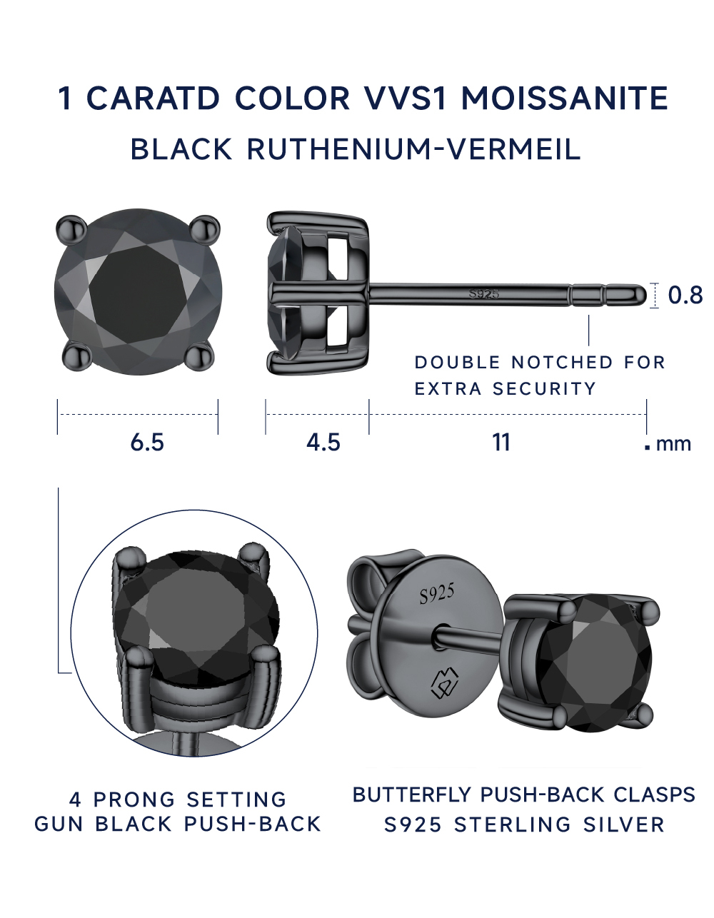 MomentWish Sterling Silver Black Moissanite Earrings Studs