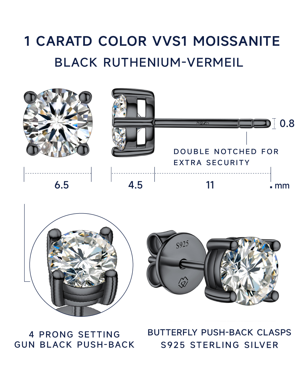 Sterling Silver Moissante Black Stud Earrings For Women Men