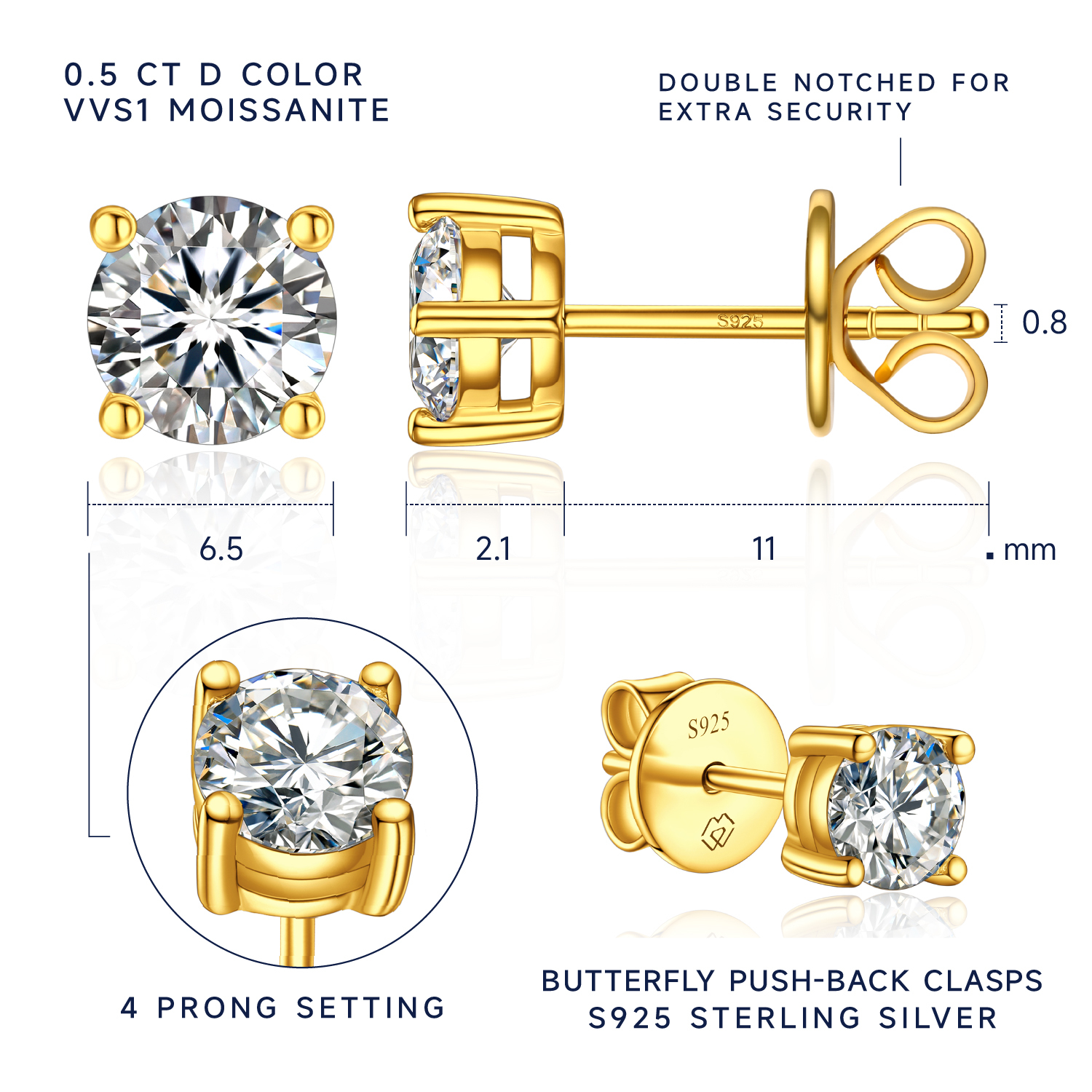 MomentWish Sterling Silver Moissanite Stud Earrings Gold Plated