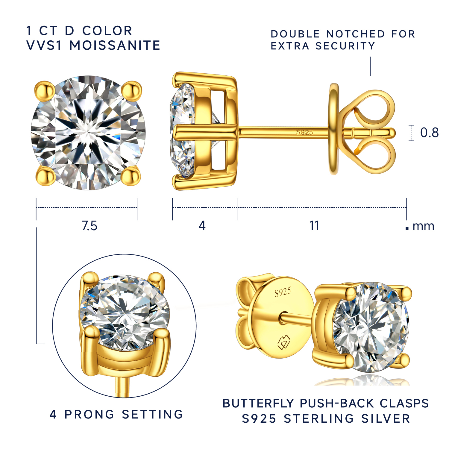 MomentWish Sterling Silver Moissanite Stud Earrings Gold Plated