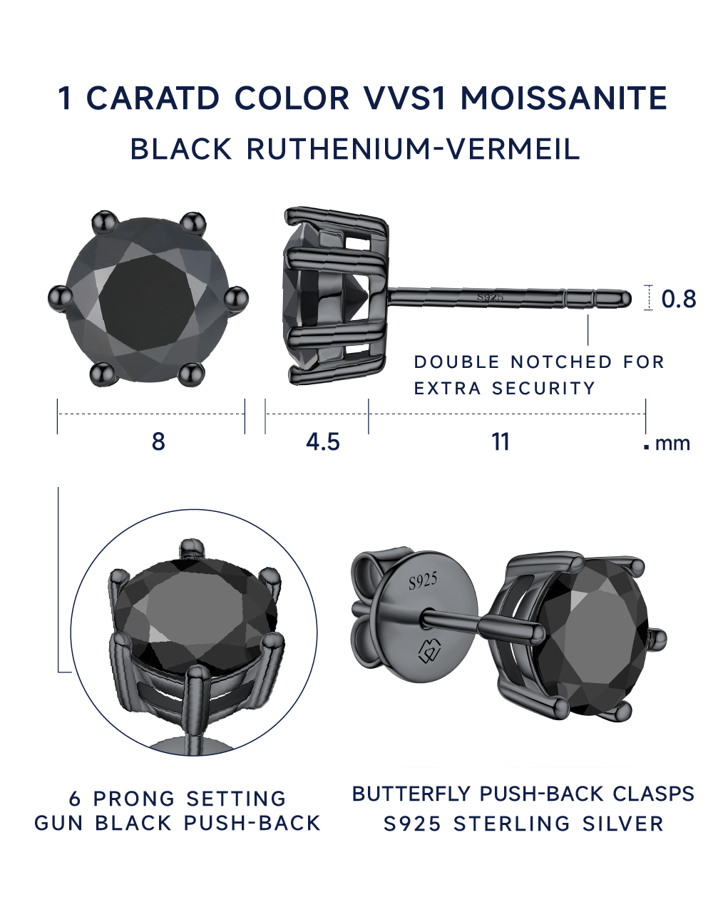 MomentWish Black Moissante Stud Earrings 6-Prong for Men Women