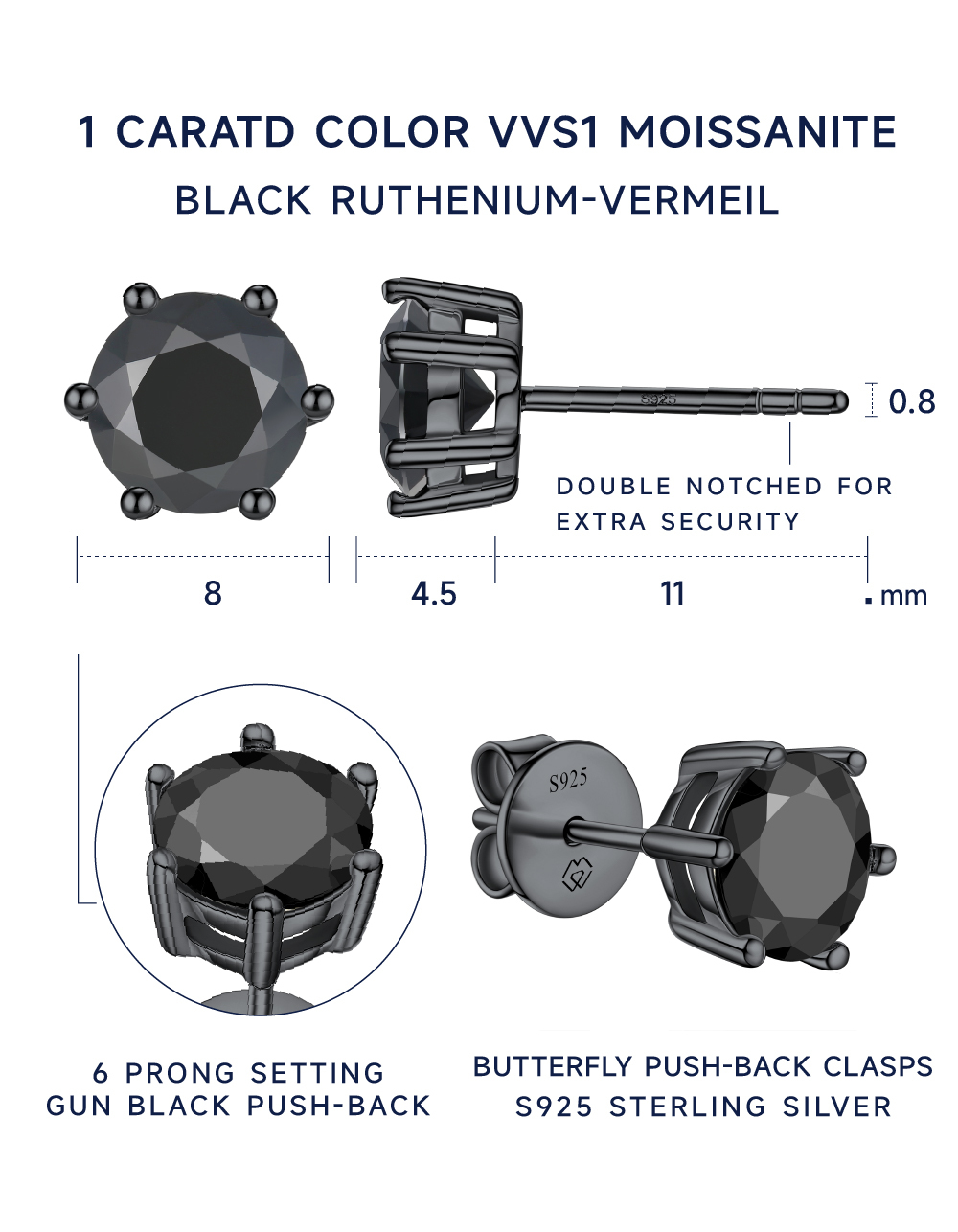 MomentWish Black Moissante Stud Earrings 6-Prong for Men Women