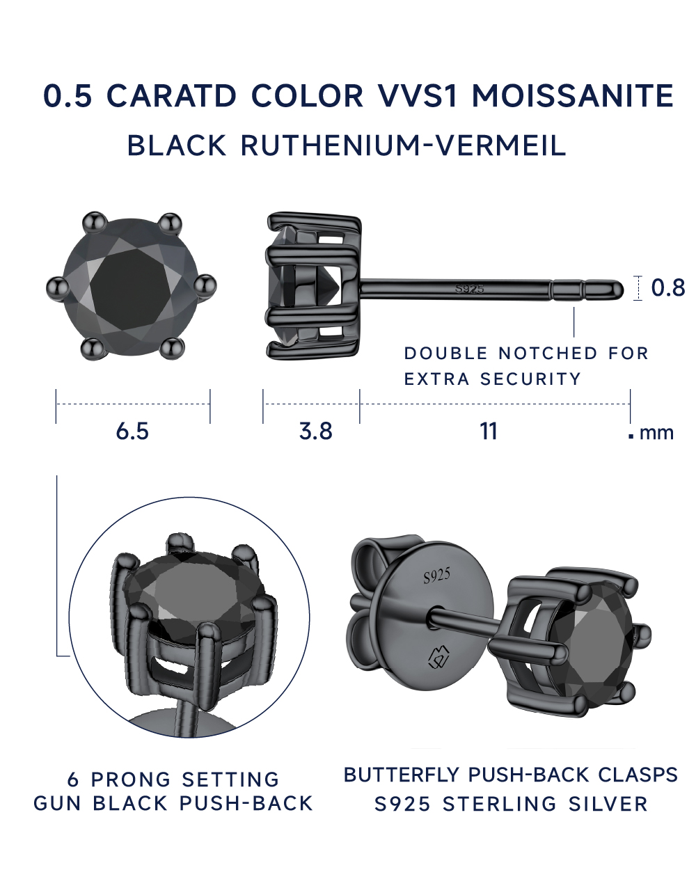 MomentWish Black Moissante Stud Earrings 6-Prong for Men Women