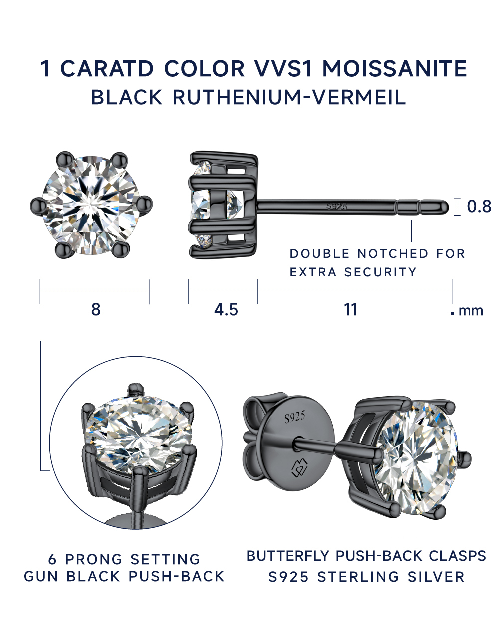 MomentWish Moissante Stud Earrings 6-Prong Earrings
