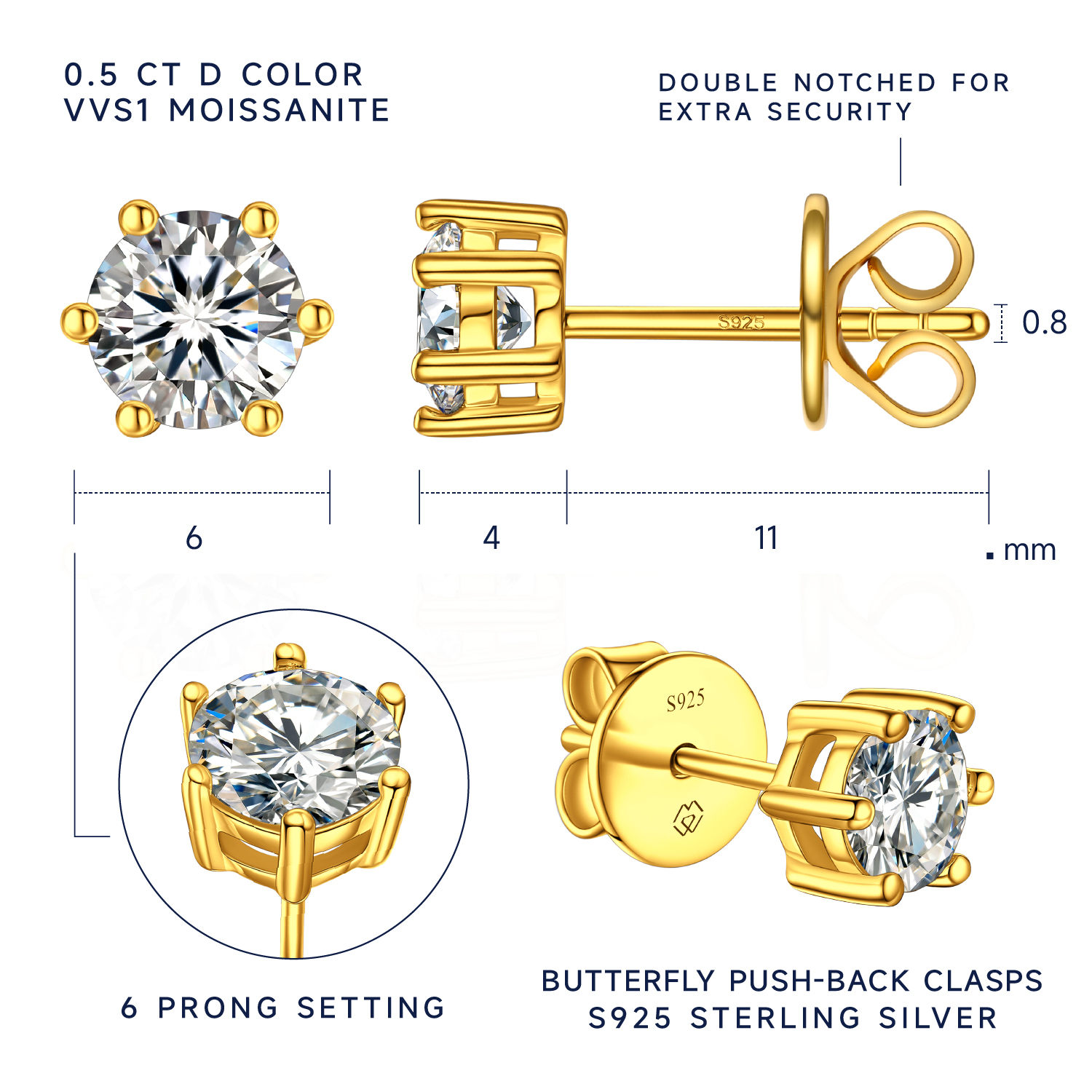 MomentWish Sterling Silver Moissanite Diamond Earrings Gold Plated