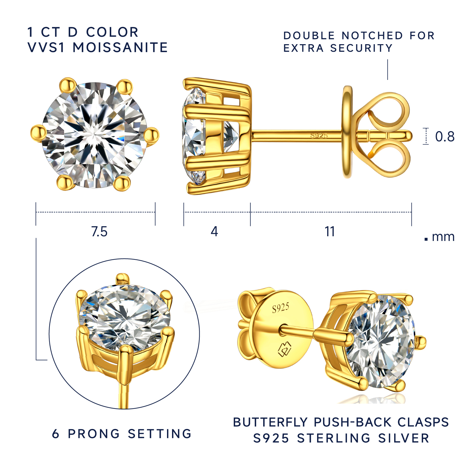 MomentWish Sterling Silver Moissanite Diamond Earrings Gold Plated