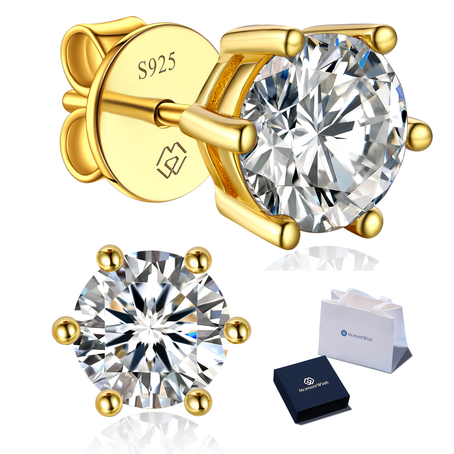 MomentWish Sterling Silver Moissanite Diamond Earrings Gold Plated