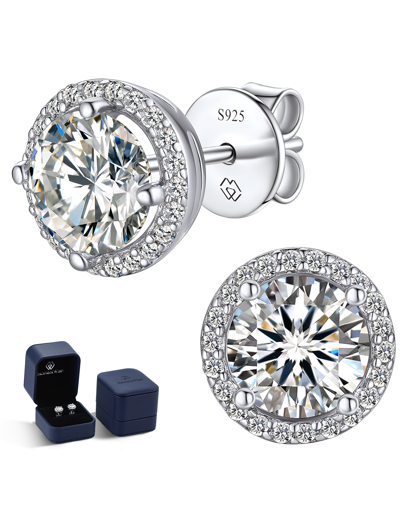 MomentWish Sterling Silver Halo Moissanite Stud Earrings For Women
