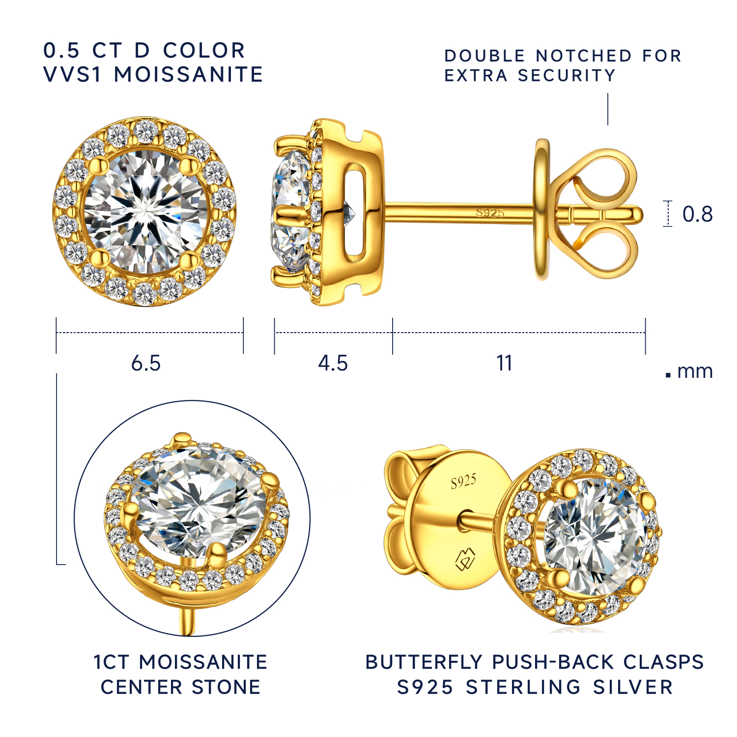 MomentWish Gold Plated Halo Moissanite Stud Earrings for Women