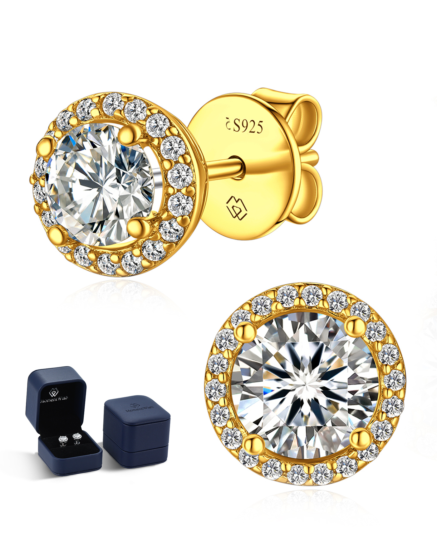 MomentWish Gold Plated Halo Moissanite Stud Earrings for Women