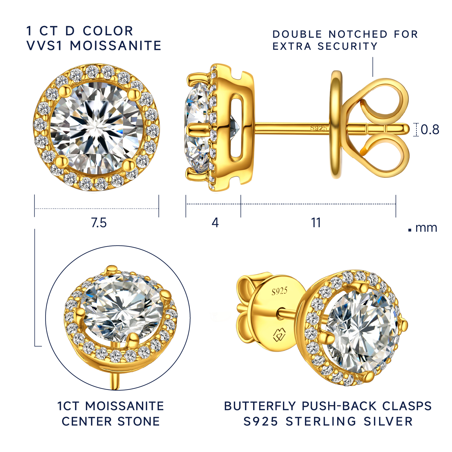 MomentWish Gold Plated Halo Moissanite Stud Earrings for Women