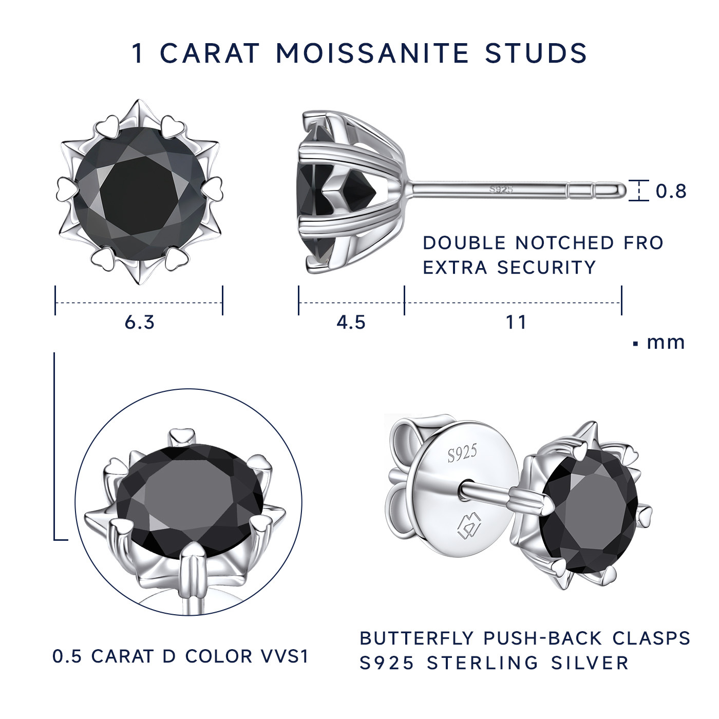MomentWish Black Moissanite Stud Earrings Snowflake Earrings