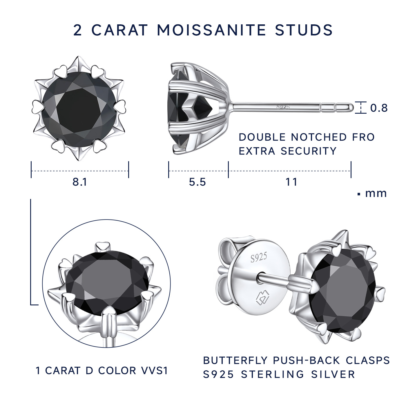 MomentWish Black Moissanite Stud Earrings Snowflake Earrings