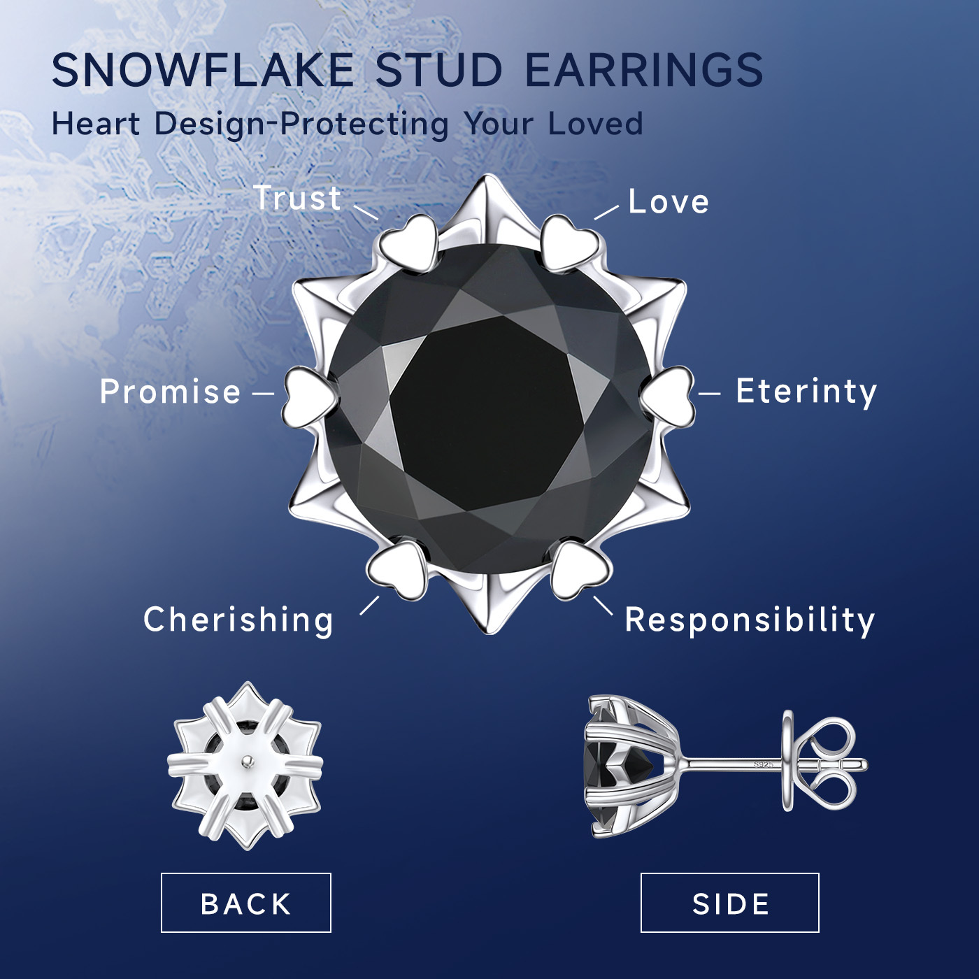MomentWish Black Moissanite Stud Earrings Snowflake Earrings