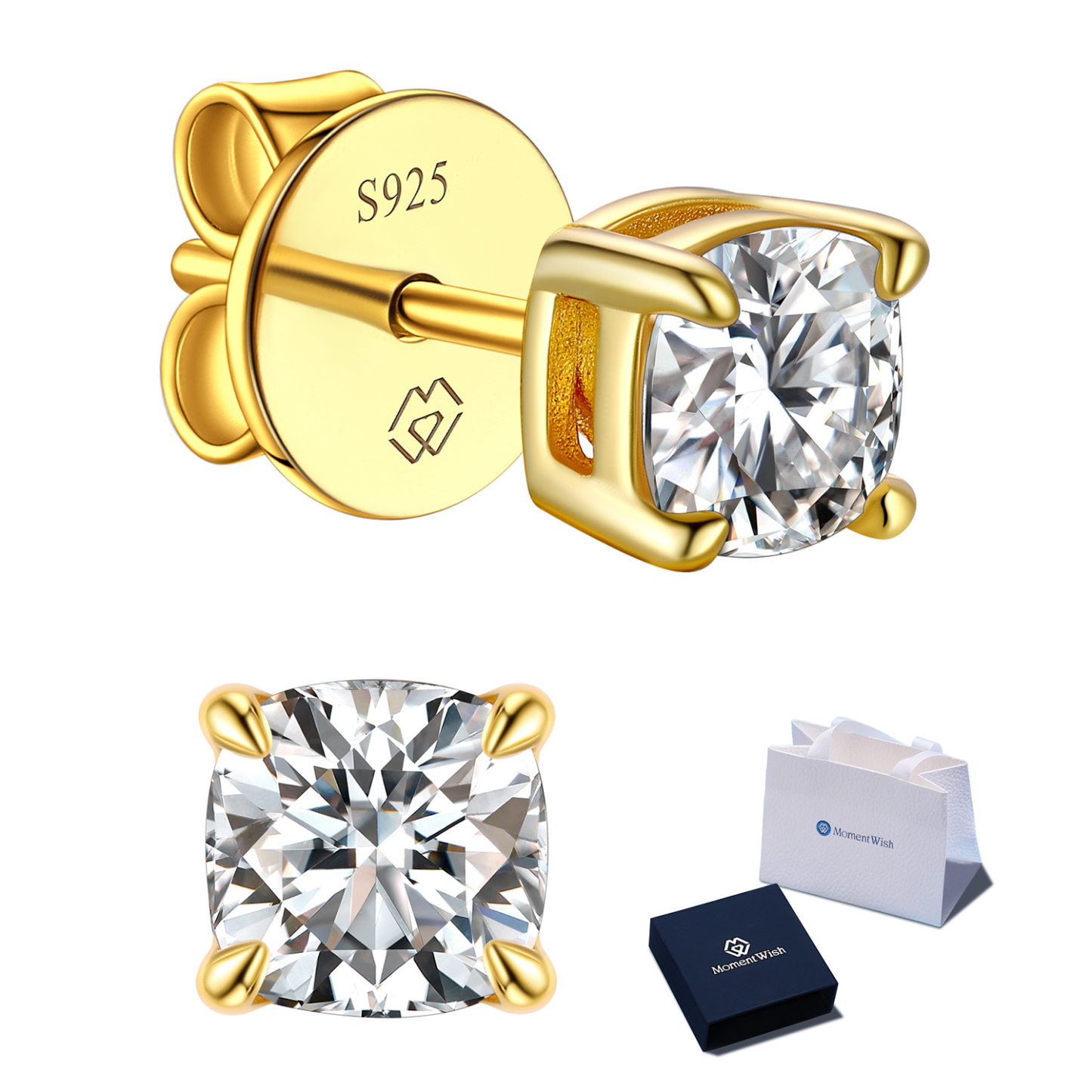 MomentWish Stud Earrings for Women,2Carat Moissanite D Color VVS1 Simulated Diamond Princes Cut 925 Sterling Silver Solitaire Earrings