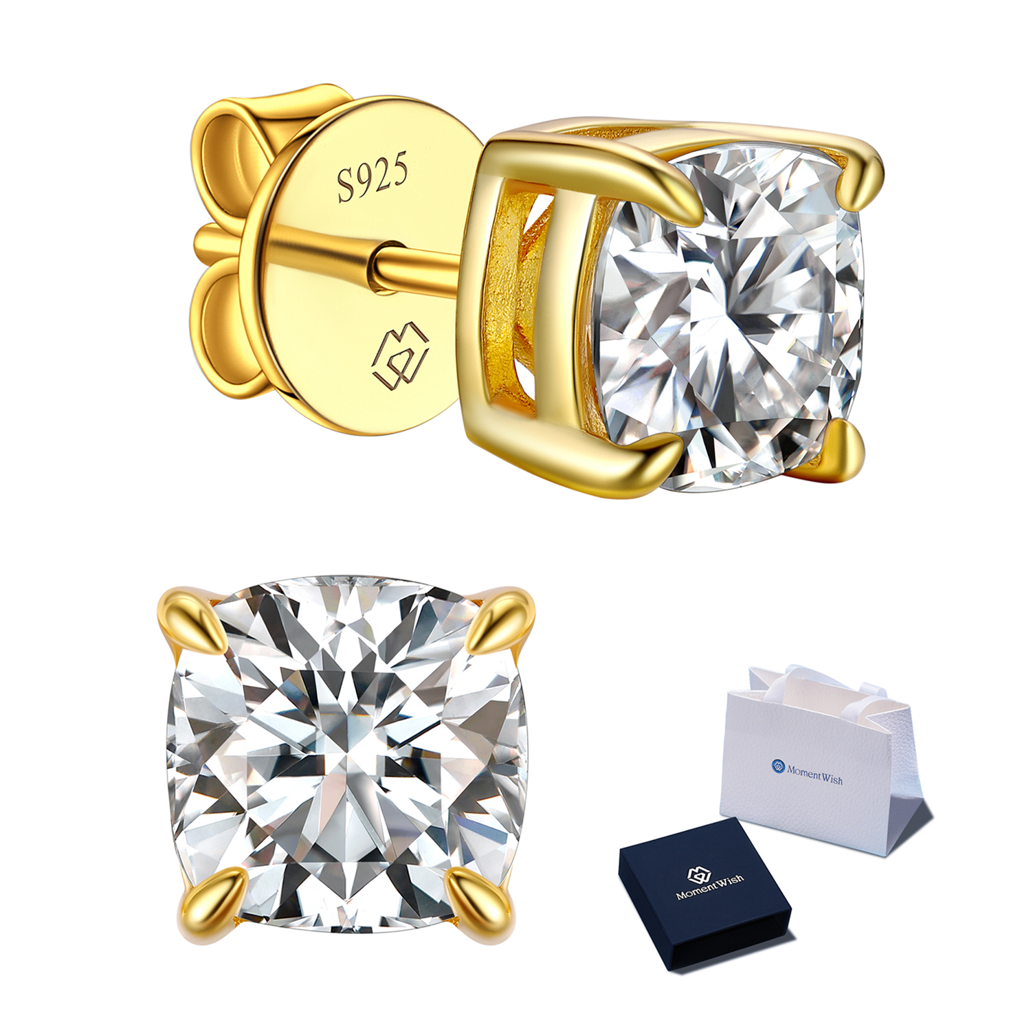 MomentWish Stud Earrings for Women,2Carat Moissanite D Color VVS1 Simulated Diamond Princes Cut 925 Sterling Silver Solitaire Earrings